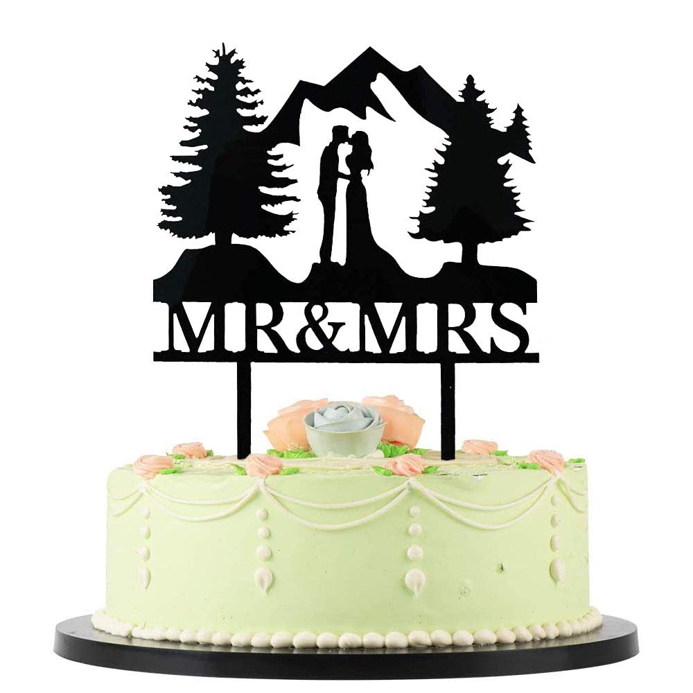 Mr & Mrs Mountain Wedding Cake Topper - Hiking & Forest Theme Outdoor Wedding Cake Decor - Perfect for Adventure Lovers, Rustic Weddings, and Nature-Inspired Celebrations