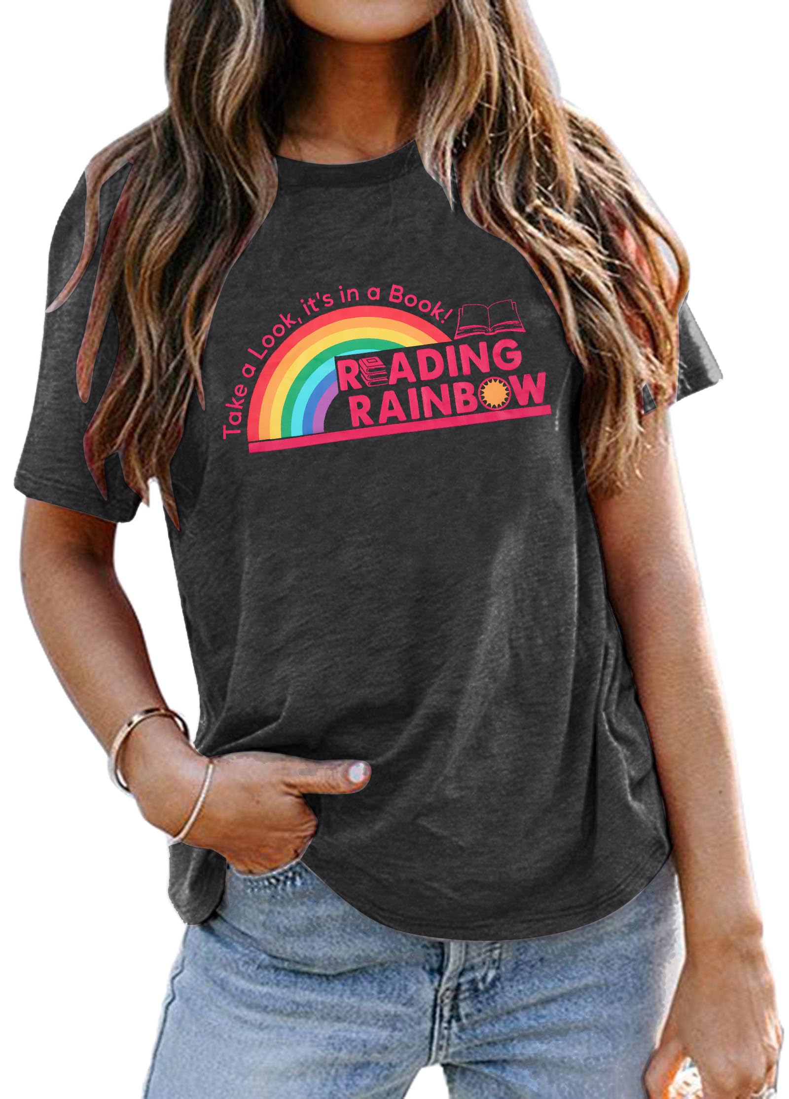Reading Rainbow T-Shirt for Women - Book Lover Short Sleeve Tee with Inspirational Book Characters - Perfect for Teachers, Librarians & Book Club Meetings