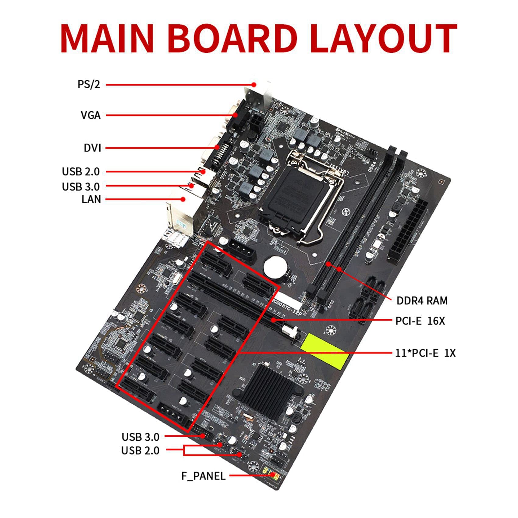 Flisdtry B250 BTC Mining Motherboard with Intel G3920/G3930 CPU, 12 GPU Slots, LGA 1151, DDR4, USB 3.0 - Includes SATA & Switch Cables - Perfect for Cryptocurrency Mining Rigs & Ethereum Mining Setup
