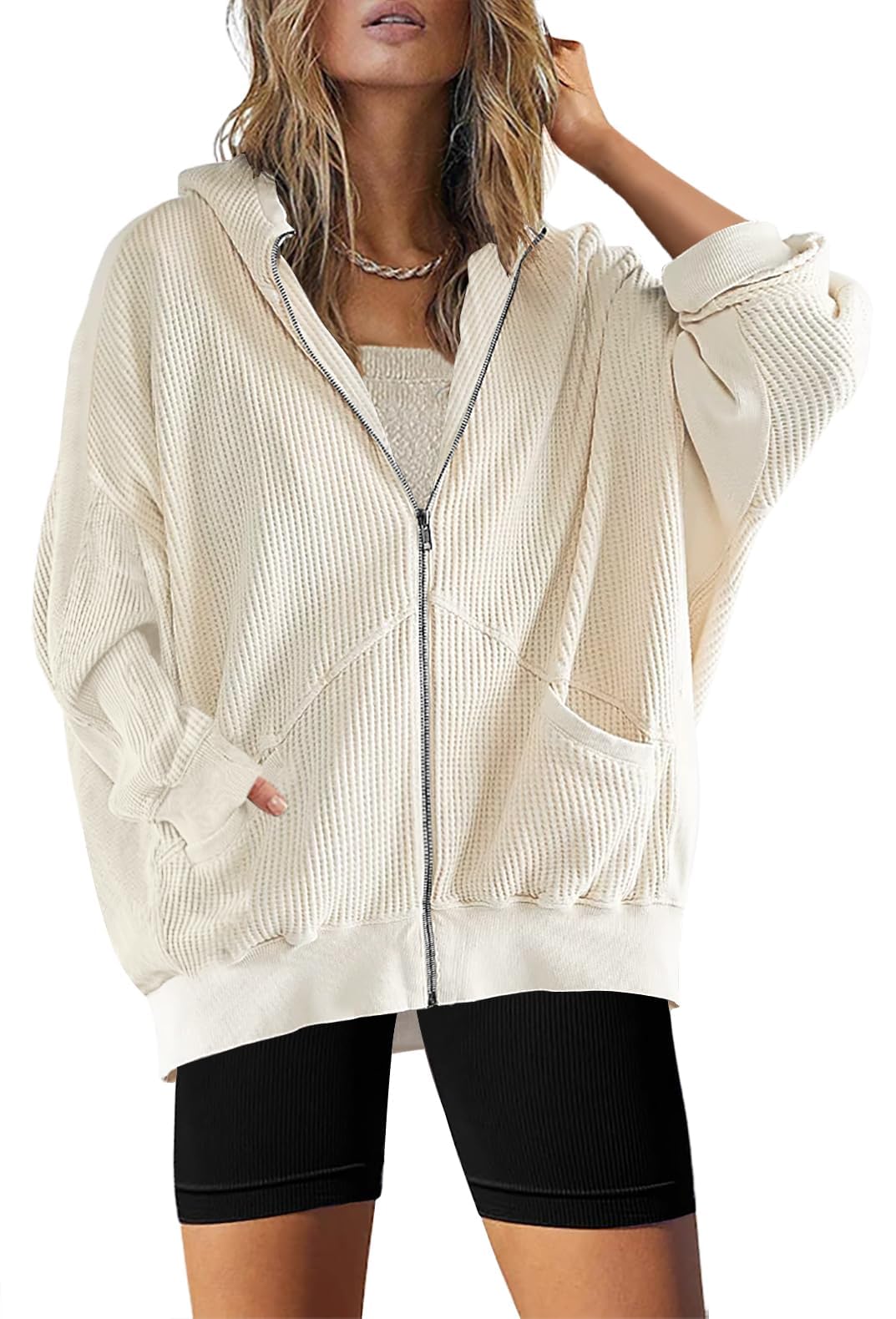 Women's Oversized Waffle Knit Zip-Up Hoodie Jacket - Long Sleeve Shacket Blouse with Pockets | Casual Loungewear, Fall Layering & Streetwear Outfits