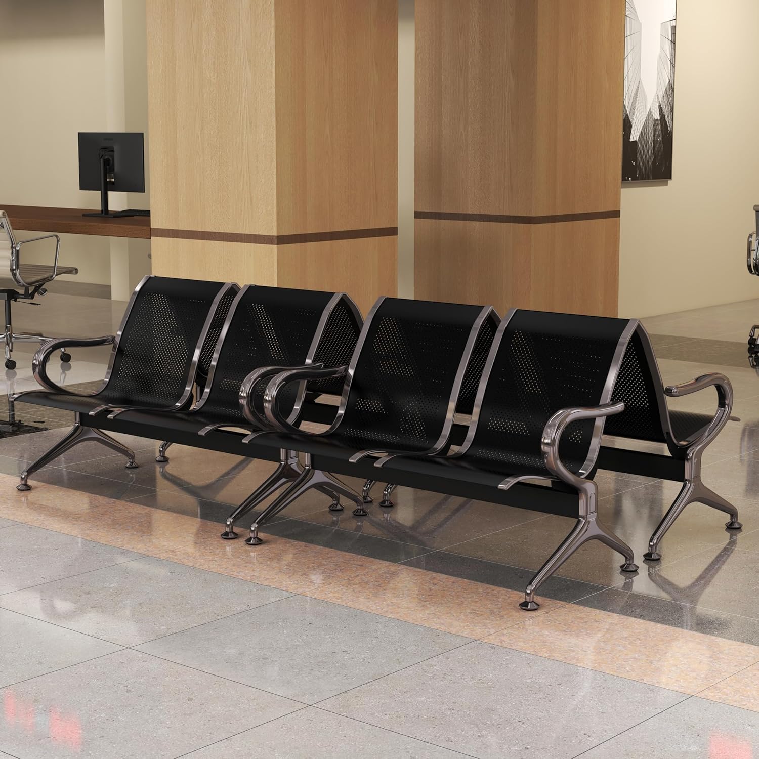 Kinsuite 2-Seat Airport Reception Bench with Arms - Modern Waiting Room Chairs for Office, Bank, Hospital - Durable Guest Chairs for Reception Areas & Lobbies (Black) - Perfect for High-Traffic Commercial Spaces