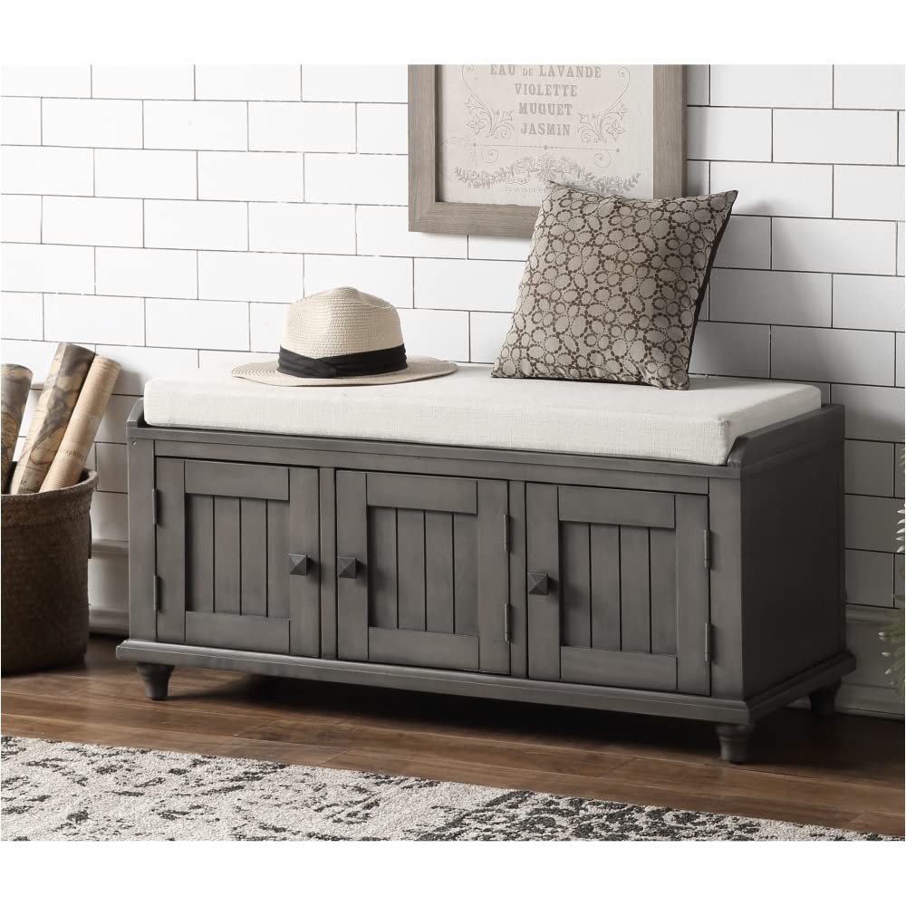 NYCSUOANI Wooden Storage Bench with 2 Cabinets - Multifunctional Ottoman Seat with Hidden Storage for Living Room, Bedroom & Entryway - Space Saving Furniture in Gray