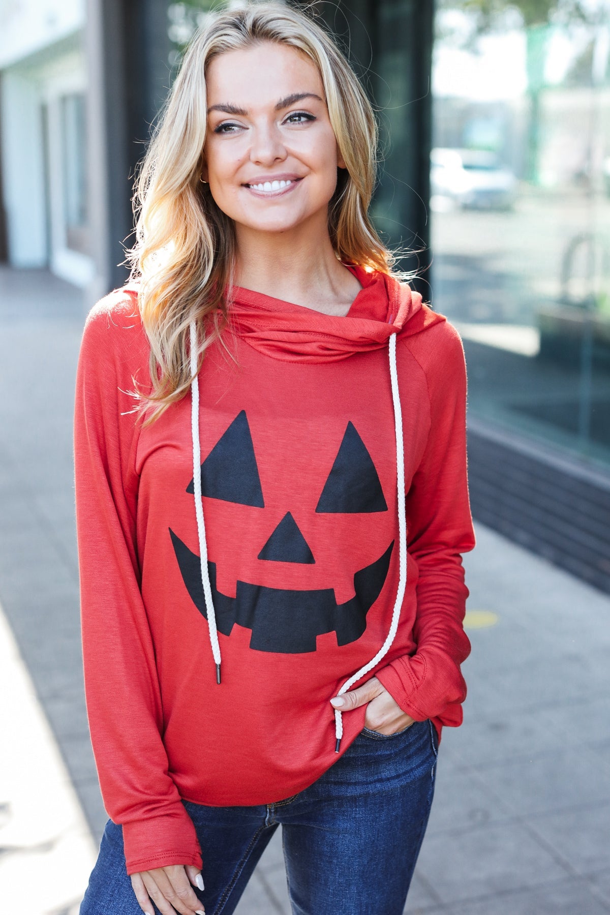 Orange Jack O'Lantern French Terry Thumb Hole Double Hoodie - Halloween Pumpkin Pullover Sweatshirt for Fall & Winter Cozy Outfits