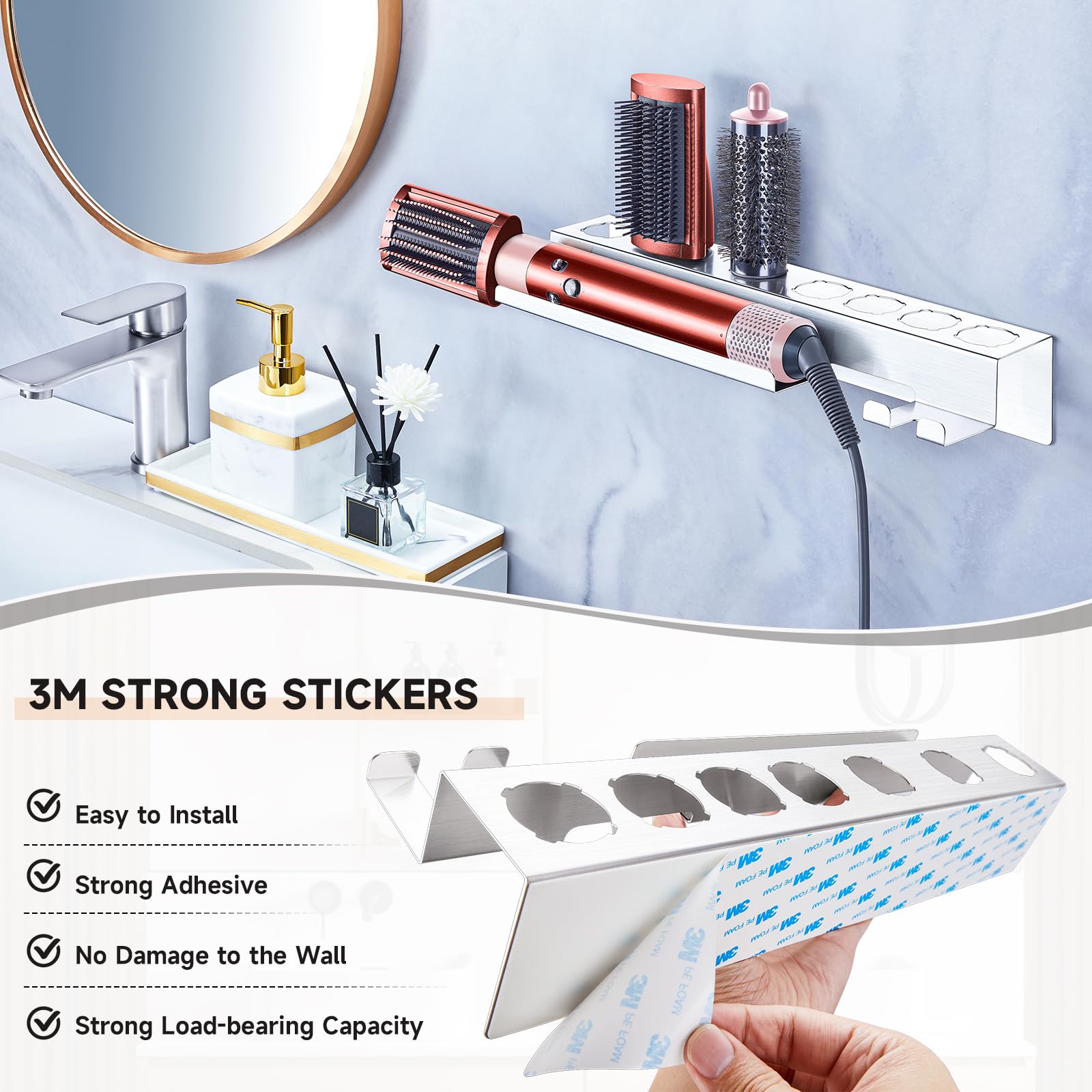 **Wall Mount Hair Dryer & Curling Iron Holder - 7-in-1 Stainless Steel Organizer for Styler Attachments & Hair Tools - Perfect for Bathroom, Salon & Home Storage**