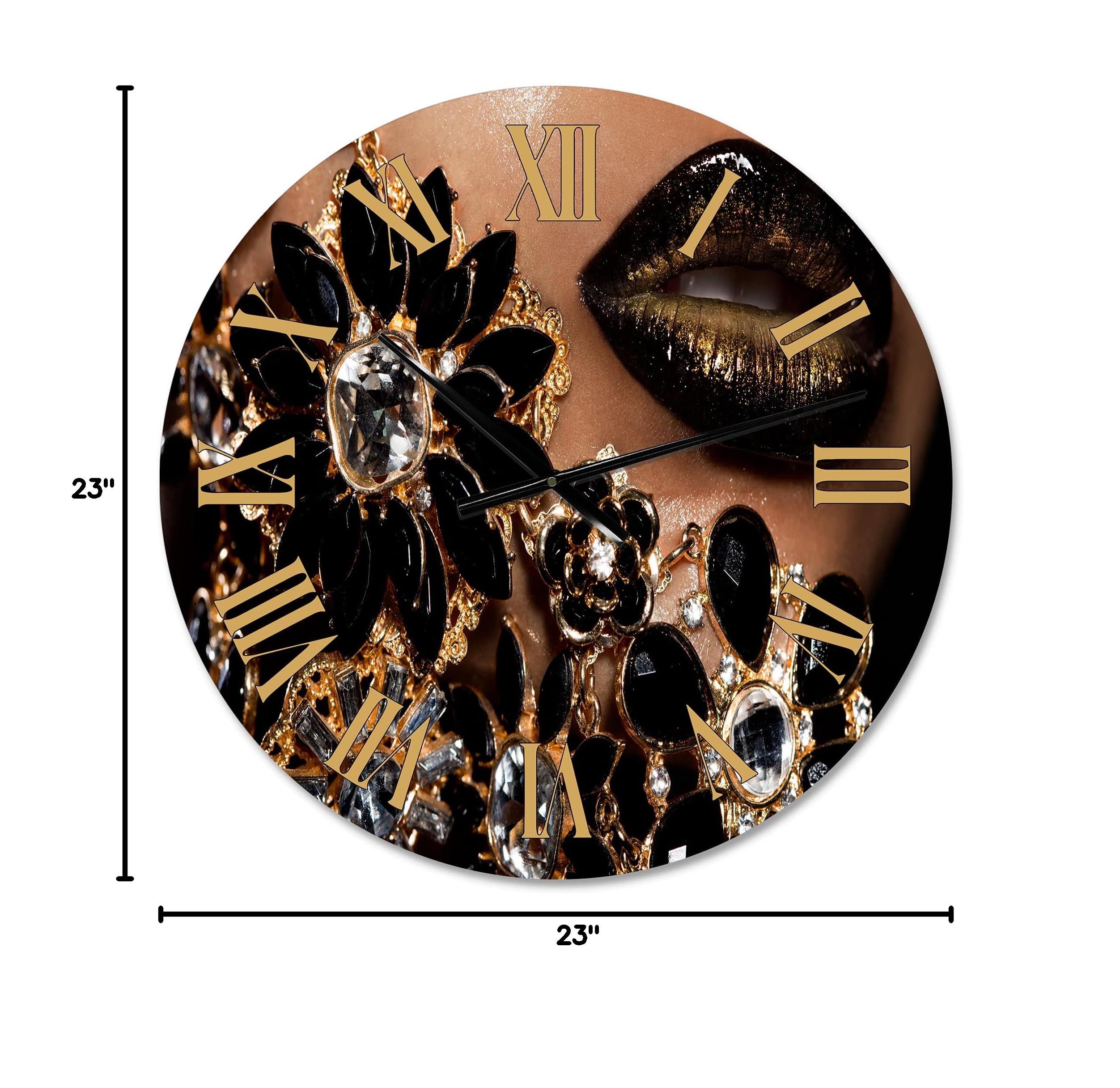 DesignQ Modern Wall Clock - Elegant Female Lips with Golden Jewelry Decor, Large Silent Non-Ticking Clock for Office, Living Room, Bedroom & Home Decor