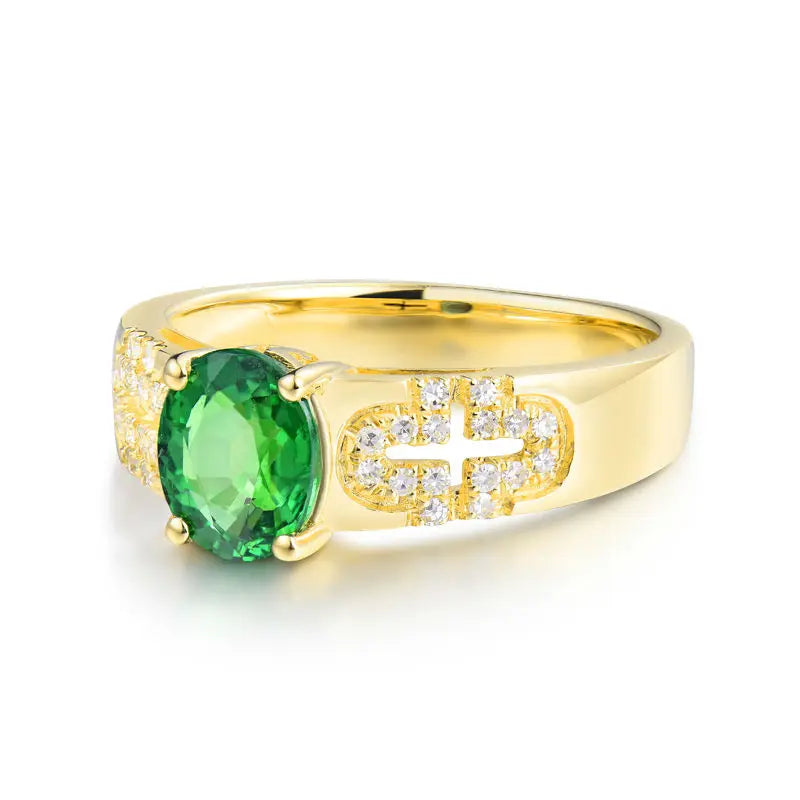 14K Yellow Gold Diamond & Green Tsavorite Wedding Ring for Women - Elegant Bridal Jewelry, Engagement Ring, Anniversary Gift for Her - Perfect for Weddings, Proposals & Special Occasions