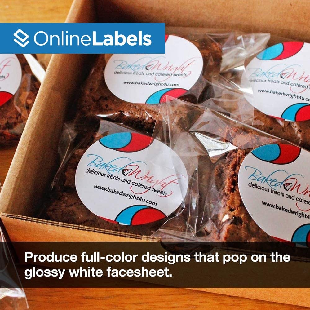 2.5 Inch Waterproof White Glossy Round Stickers for Laser Printers - 120 Labels (10 Sheets) by OnlineLabels - Perfect for Mailing, Organizing & Craft Projects