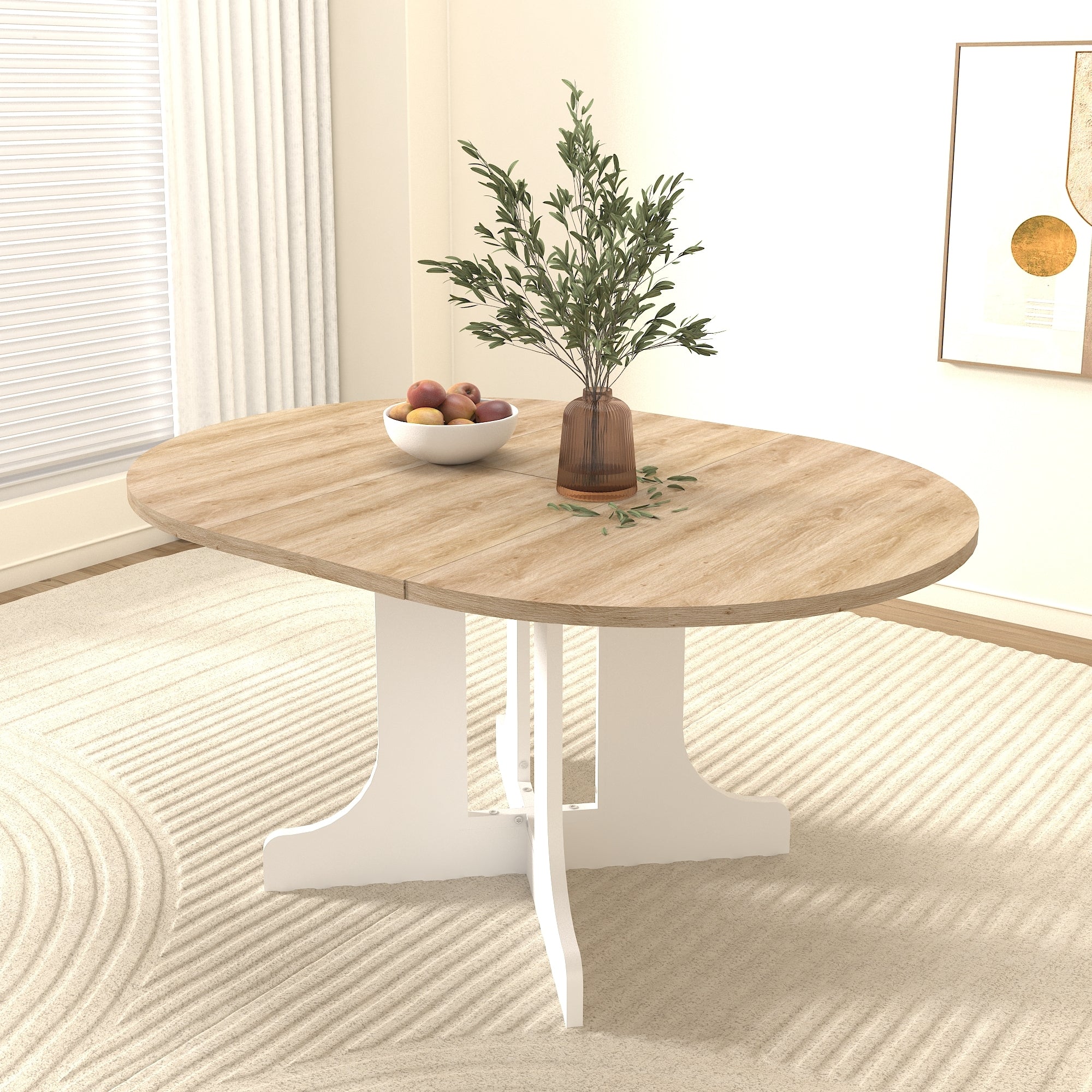 Expandable Farmhouse Dining Table 59x43 Inch Oval Table with Removable Leaf & X-Shaped Trestle Base - Perfect for Kitchen, Dining Room, and Rustic Home Decor (White)