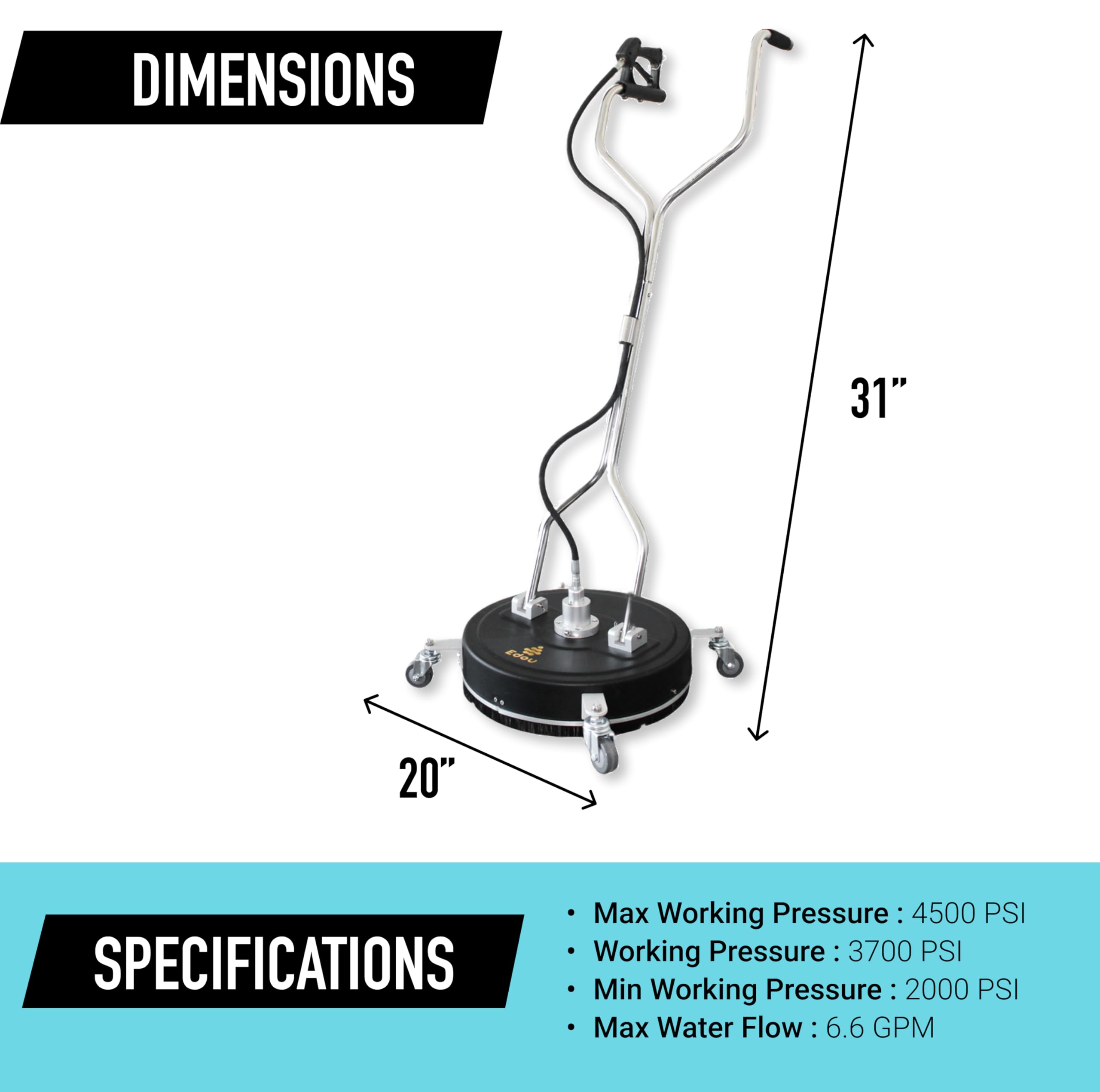 EDOU 20-Inch Heavy Duty Dual Handle Pressure Washer Surface Cleaner with Wheels - 4500 PSI Max Power Washer for Driveway, Deck & Concrete Cleaning - Includes 3/8-Inch Quick Connector Kit, Teflon Tape & Adapter Set - Ideal for Home, Garage & Commercial Use