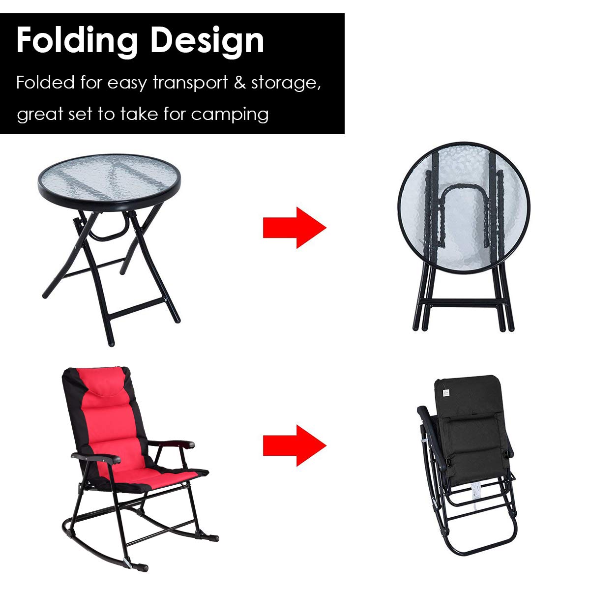 Tangkula 3-Piece Folding Bistro Set with Rocking Chairs & Round Table - Outdoor Patio Furniture for Backyard, Garden, Poolside, Porch - Red - Perfect for Relaxing, Entertaining & Small Space Living