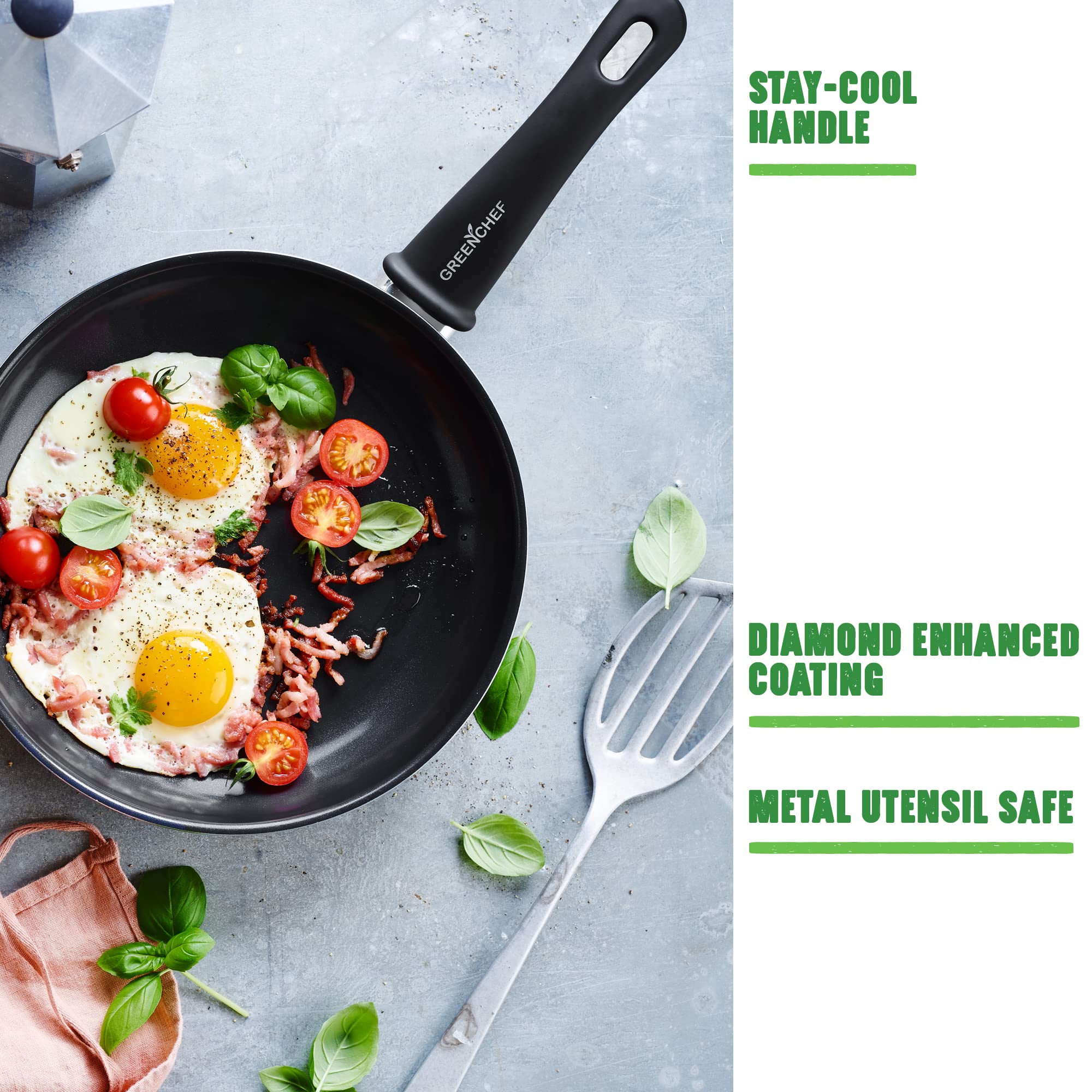 Premium Diamond Soft Grip Non-Toxic Ceramic Coated Frying Pan Set - 2 Piece (24cm & 28cm) - Induction, Oven & Dishwasher Safe - Black - Healthy Cooking for Family Meals, Stir Fry & Pancakes