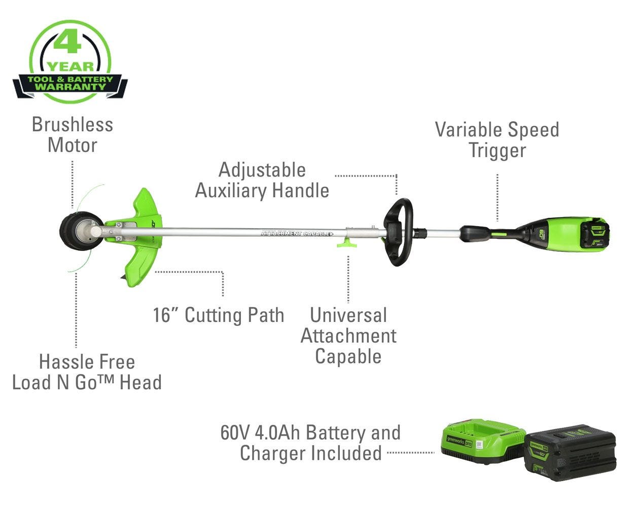 60V 16-Inch Cordless Battery String Trimmer with 10-Inch Cultivator Attachment Combo Kit - Includes 4.0Ah Battery & Charger - Perfect for Lawn Care, Yard Maintenance & Landscaping