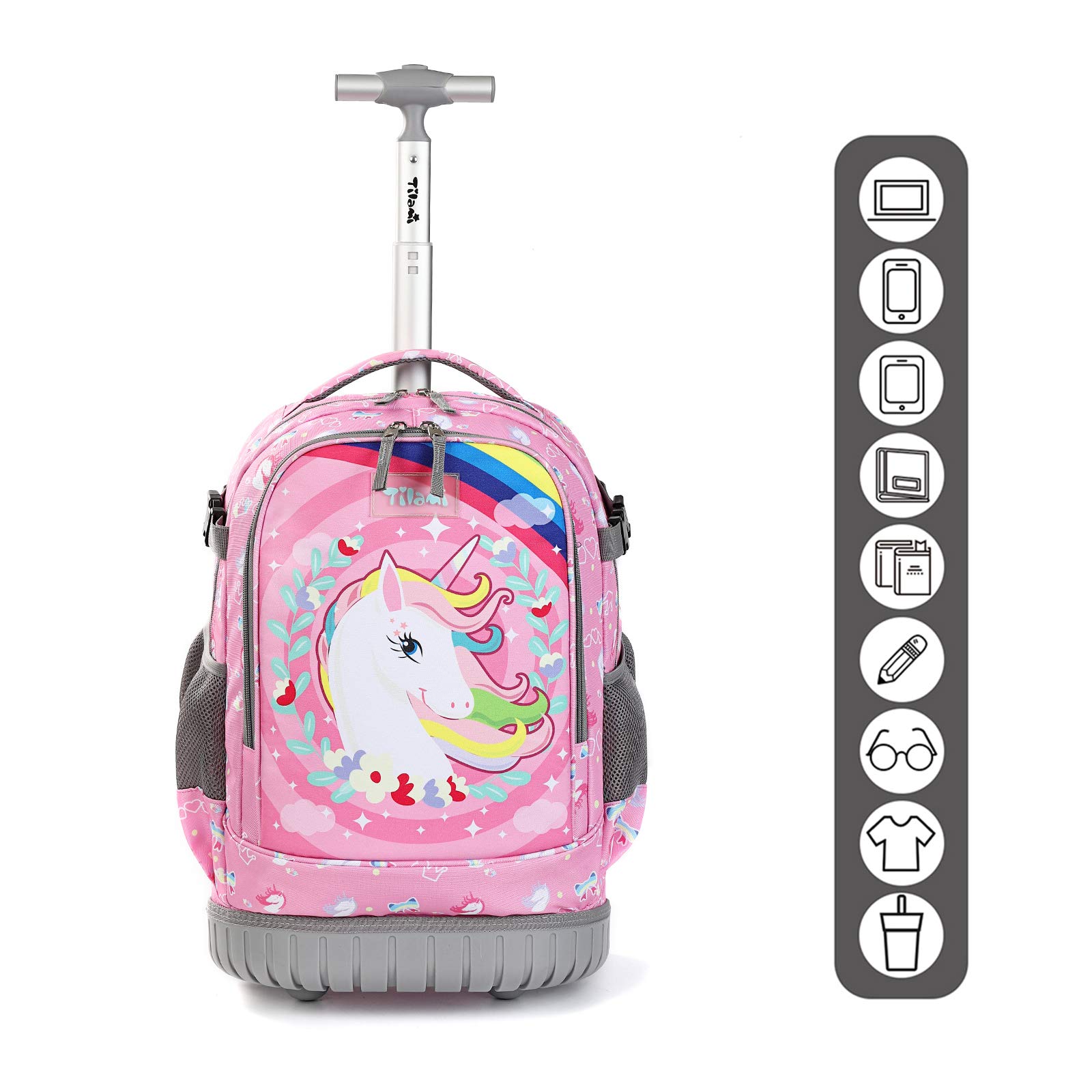 Tilami 19 Inch Rolling Backpack with Lunch Bag - Wheeled Laptop Backpack for School & Travel (Unicorn Pink) - Perfect for Students, Commuters & Business Professionals