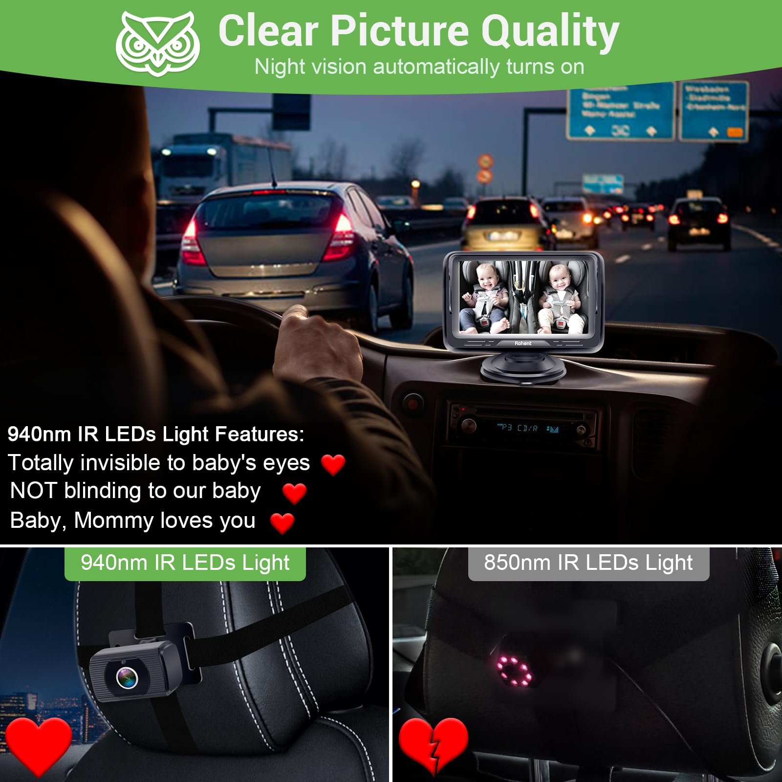HD 1080P Baby Car Camera with Night Vision - Rear Facing Car Seat Monitor with 360° Rotation, Easy Installation for Safe Travel | Perfect for Parents to Monitor Kids in Backseat During Road Trips