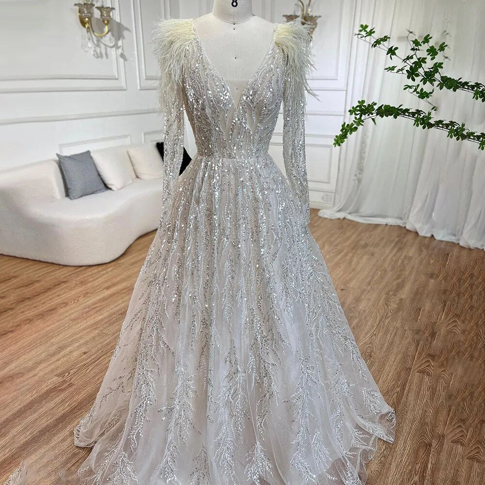 Serene Hill Muslim Beige A-Line Beaded Feathers Luxury Dubai Long Evening Dress Gown 2025 for Women - Wedding, Party, Formal Occasions - LA72172