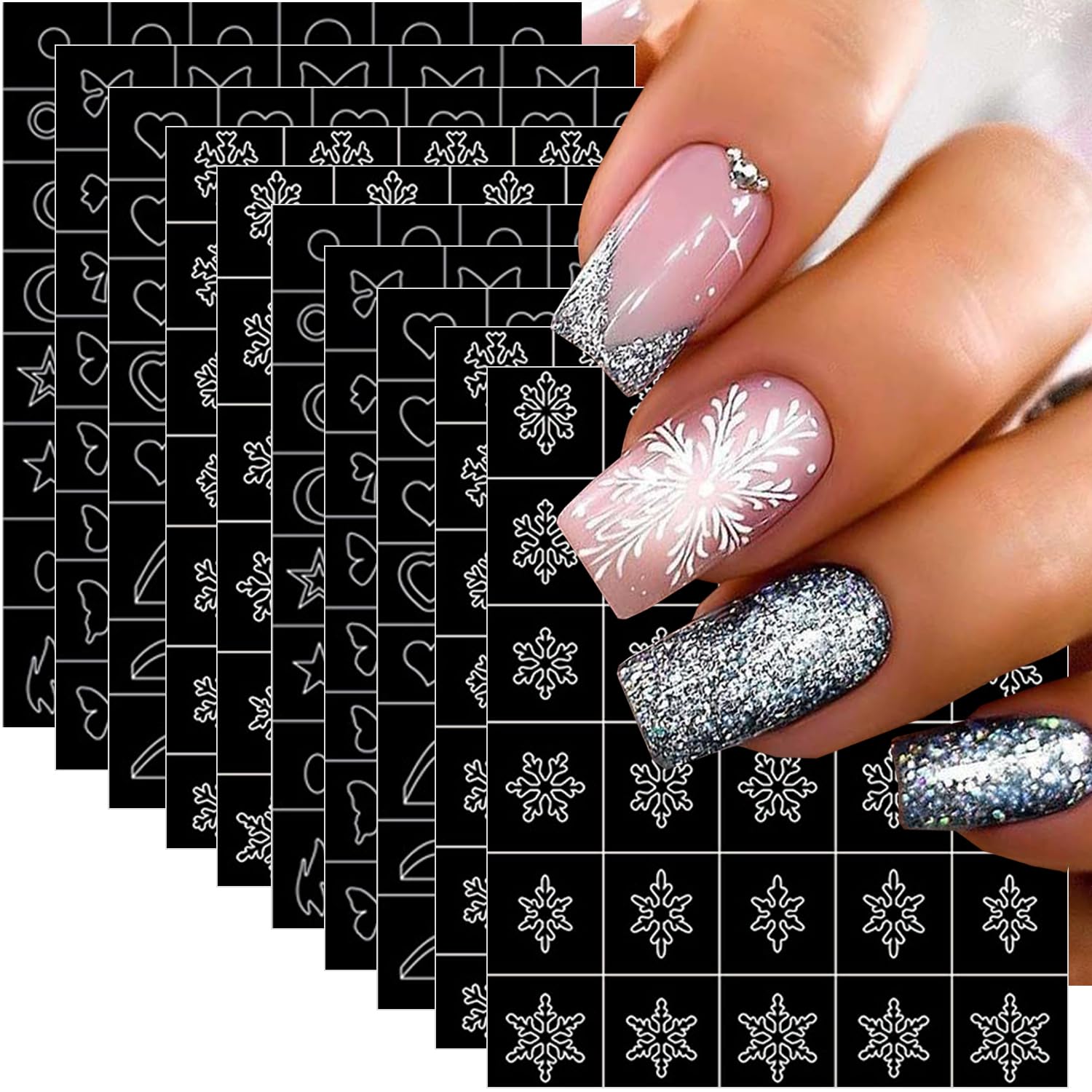 10 Sheets Christmas Nail Art Stickers - Butterfly, Heart, Bow, Stars, Moon & Snowflake Designs for DIY Manicure | Holiday Nail Decoration Supplies for Women | Perfect for Xmas Parties, Gifts & Winter Nail Art