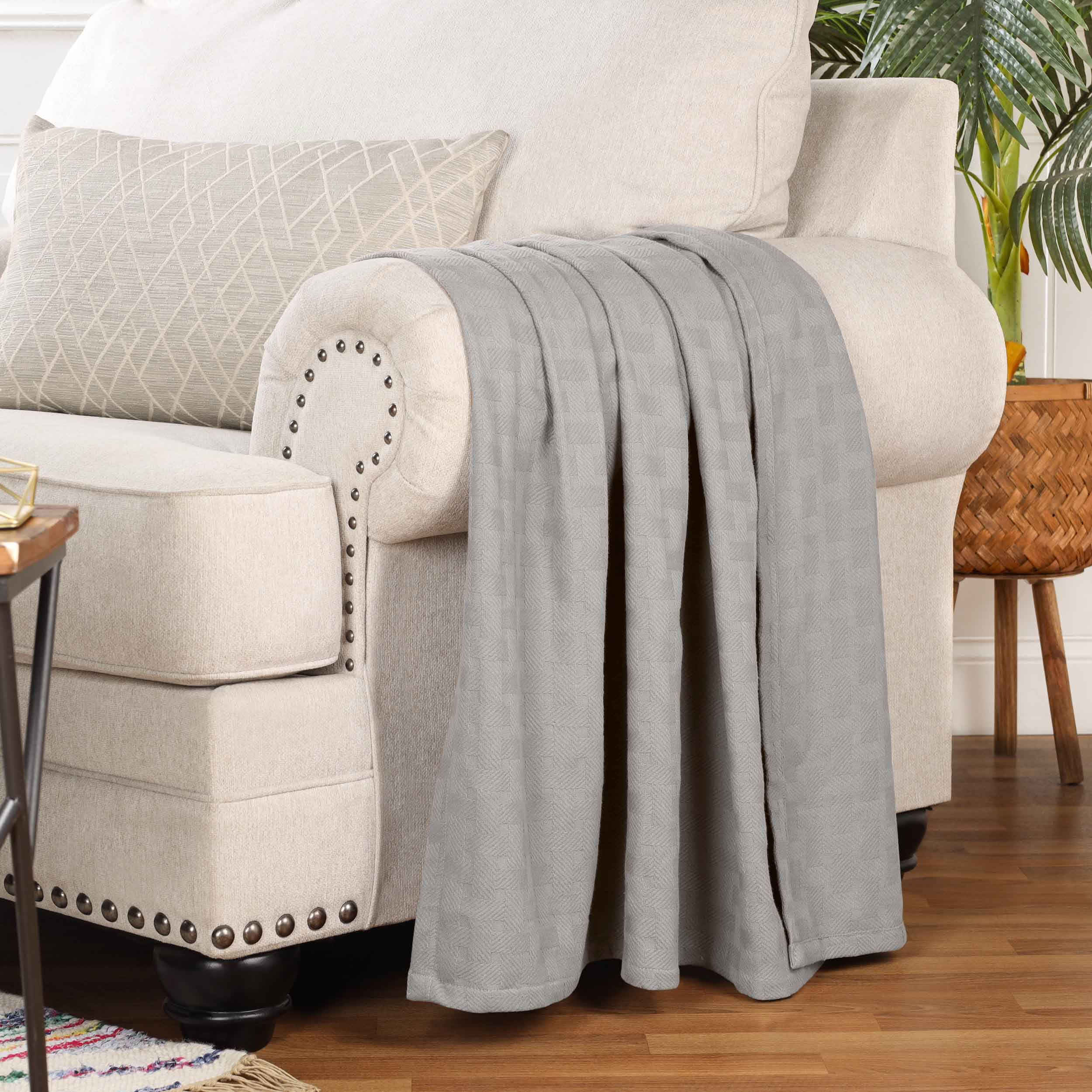 Soft Basketweave All-Season Cotton Bed Blanket & Sofa Throw - Lightweight Breathable Blanket for Bedroom, Living Room, Travel and Outdoor Use