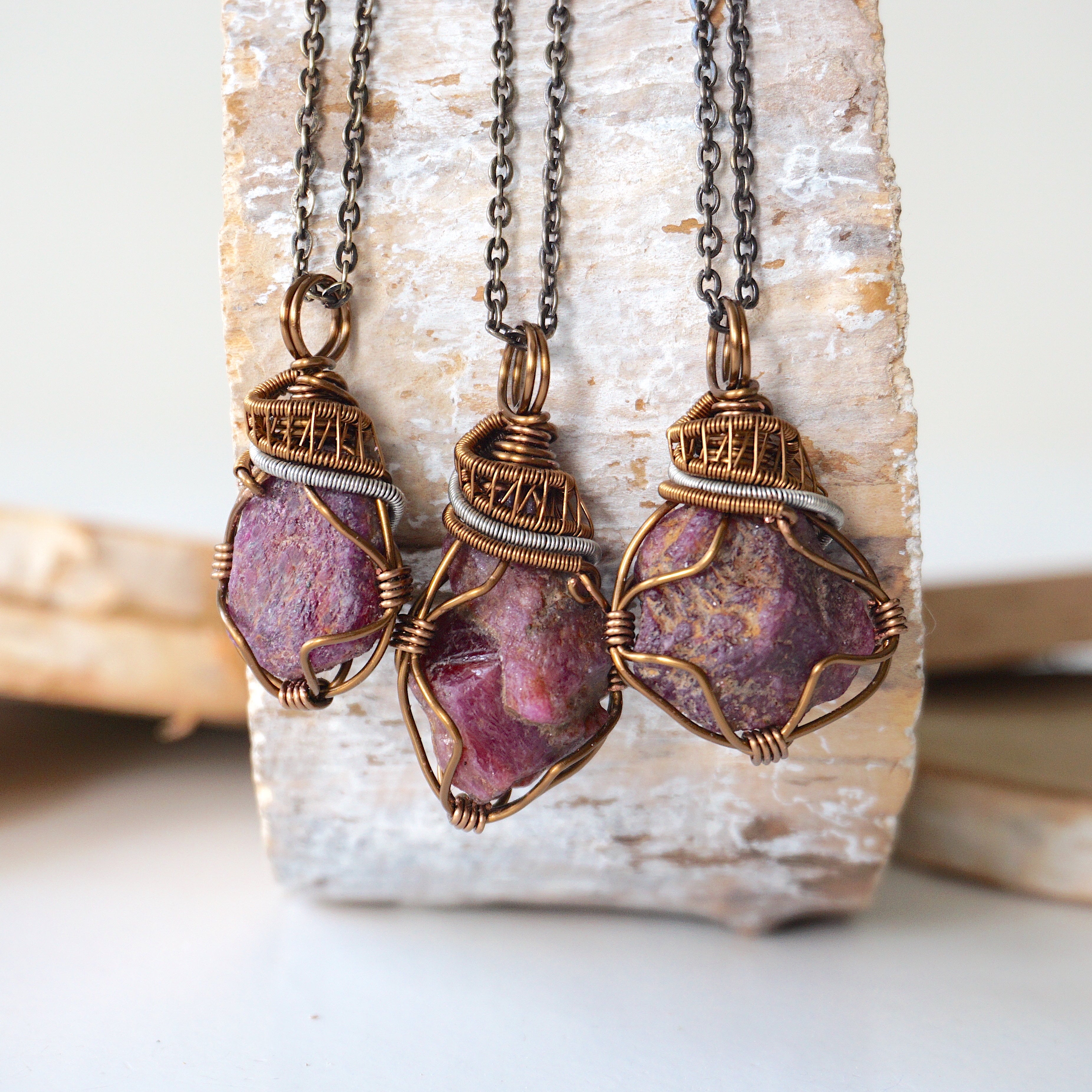 Raw Ruby Necklace in Mixed Wire Antique Bronze - Elegant Bohemian Jewelry for Women, Perfect for Weddings, Parties & Everyday Wear