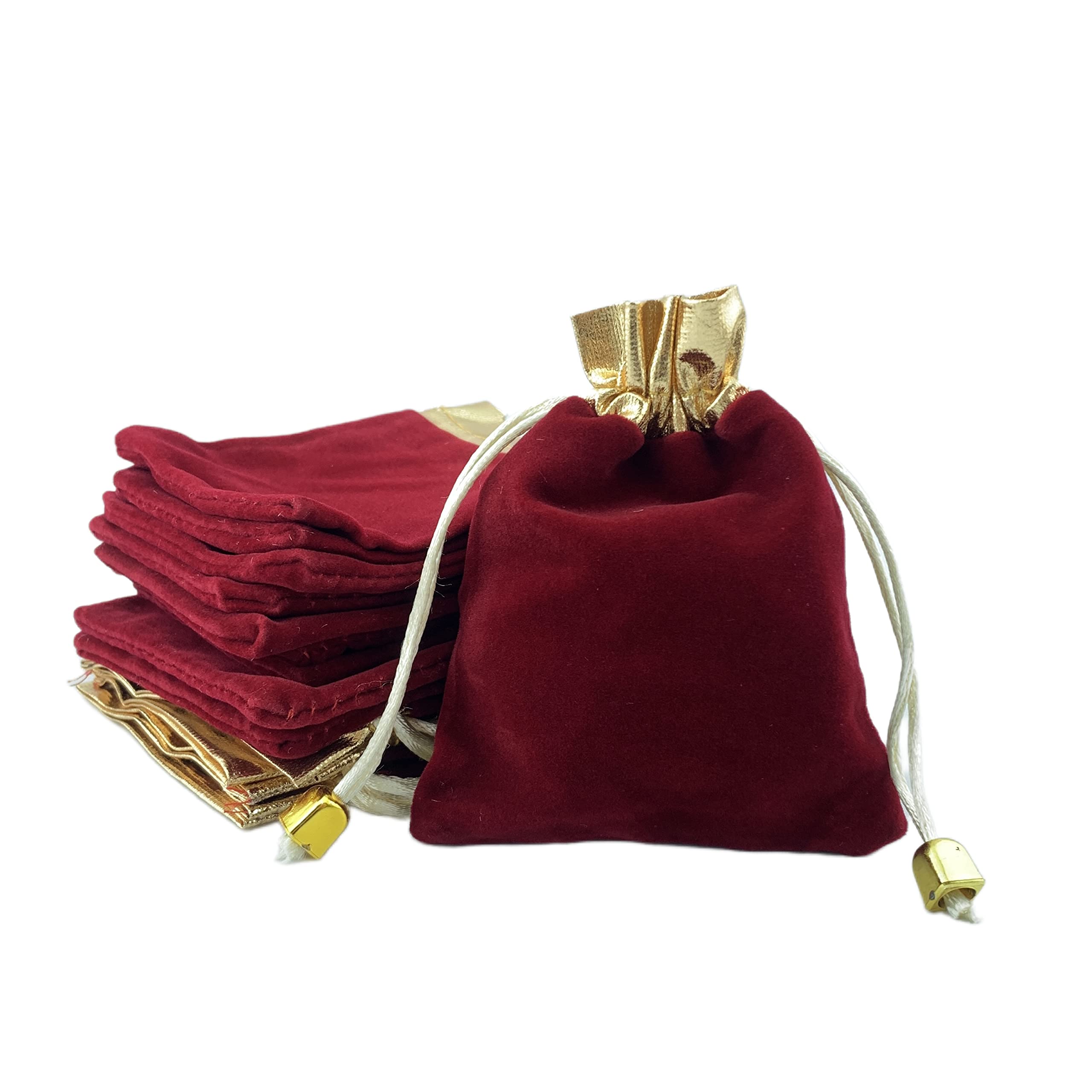 Palmhomee Velvet Drawstring Gift Bags - Burgundy with Gold Trim (5x6 Inch, Pack of 12) - Perfect for Jewelry, Party Favors, Wedding Gifts & Holiday Presents