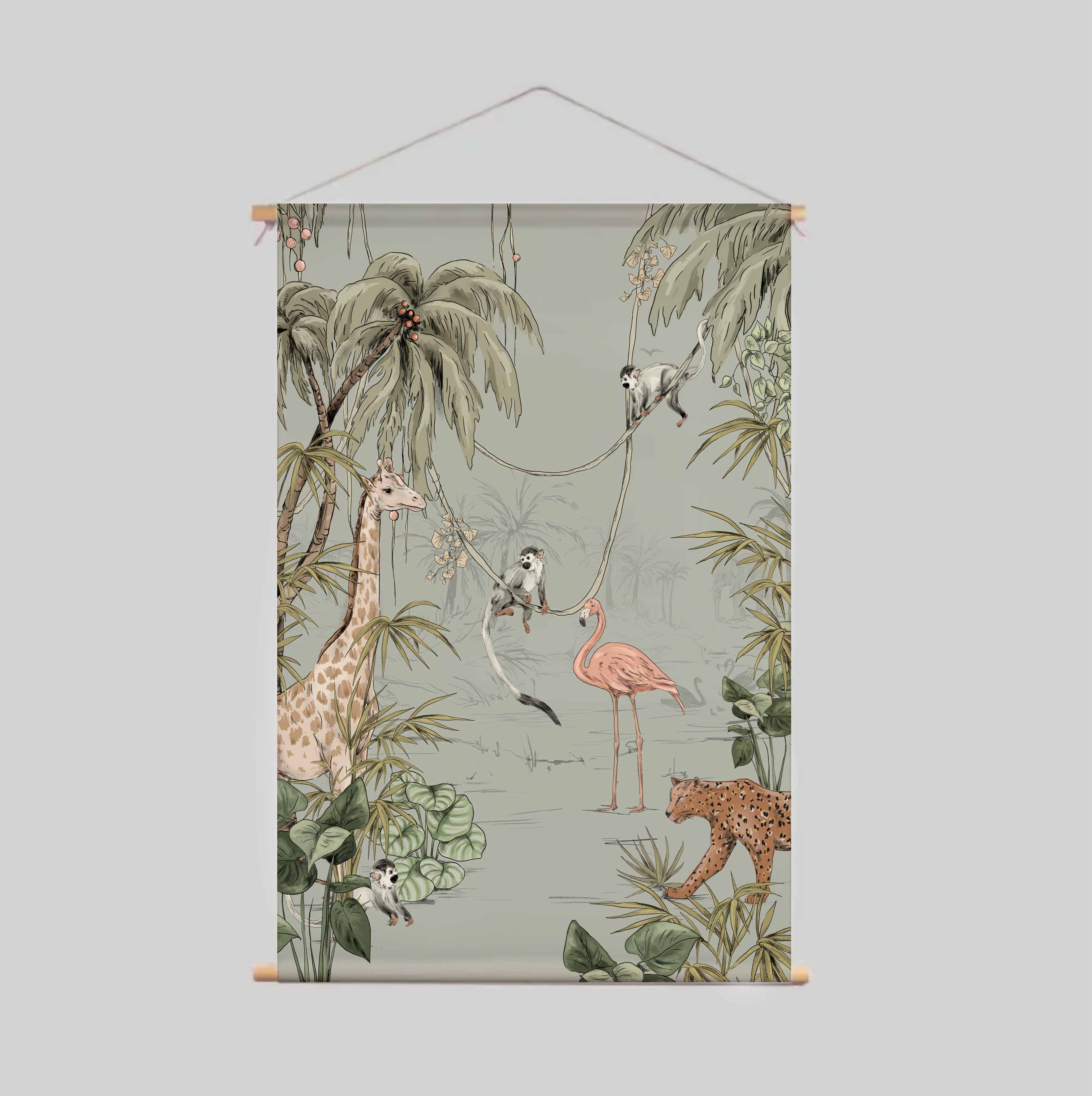 JUNGLE JAZZ Textile Poster in Dusty Mint Green - Perfect for Bohemian Home Decor, Nursery Wall Art & Jazz Music Lovers