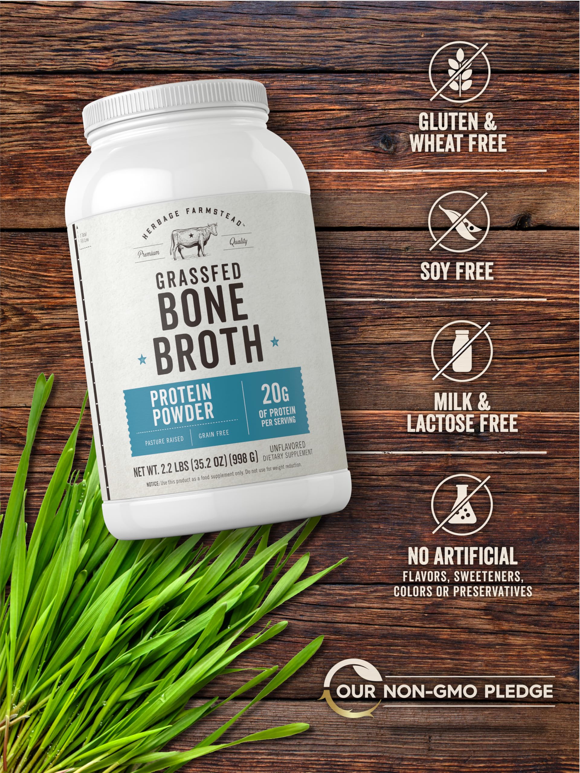 Carlyle Grass Fed Bone Broth Protein Powder - 35.2oz (2.2lb) | 20g Collagen Protein per Serving | Pasture Raised, Grain Free, Non-GMO & Gluten Free Supplement | Supports Muscle Recovery & Gut Health | Ideal for Keto, Paleo & Post-Workout Nutrition