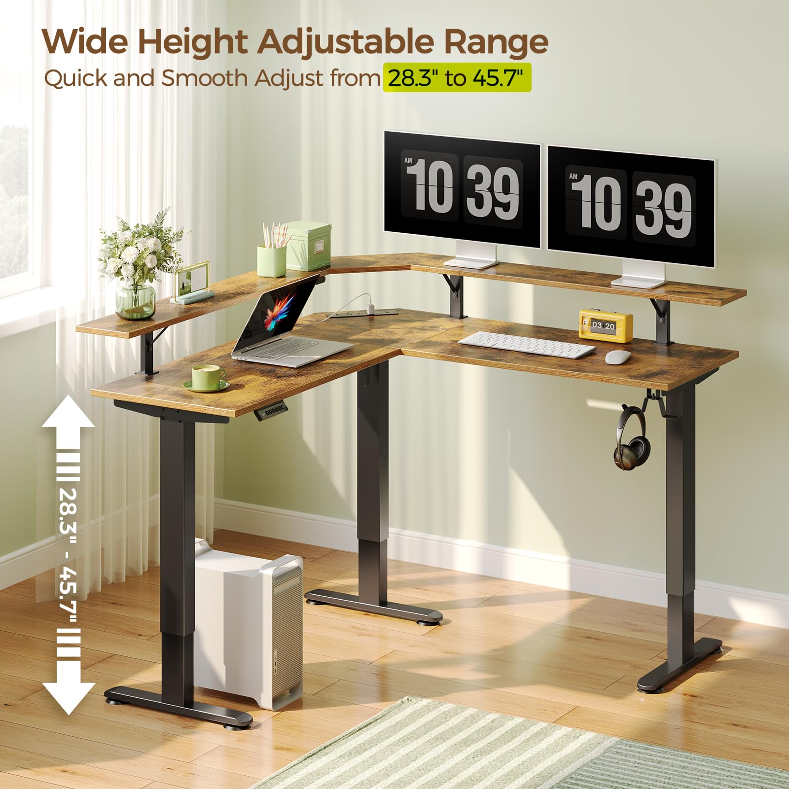 Rolanstar L-Shaped Electric Standing Desk with LED Light & Power Outlet - Height Adjustable Computer Desk with Monitor Stand in Rustic Brown - Perfect for Home Office, Gaming Setup & Workspace Ergonomics