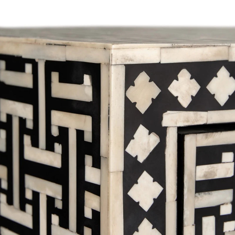 Handmade Bone Inlay 3-Door Sideboard Cabinet - Black & White Buffet Table for Dining Room Storage & Home Decor