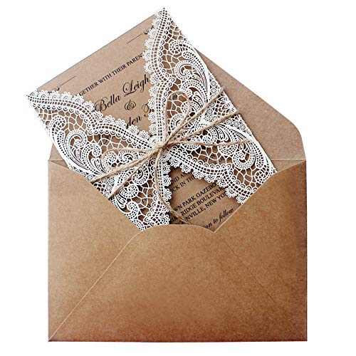 50Pcs Custom Rustic Wedding Invitations - Personalized Vintage Kraft Paper Cards with Envelopes (125x182mm) for Wedding, Engagement & Anniversary Events - Eco-Friendly Stationery Set