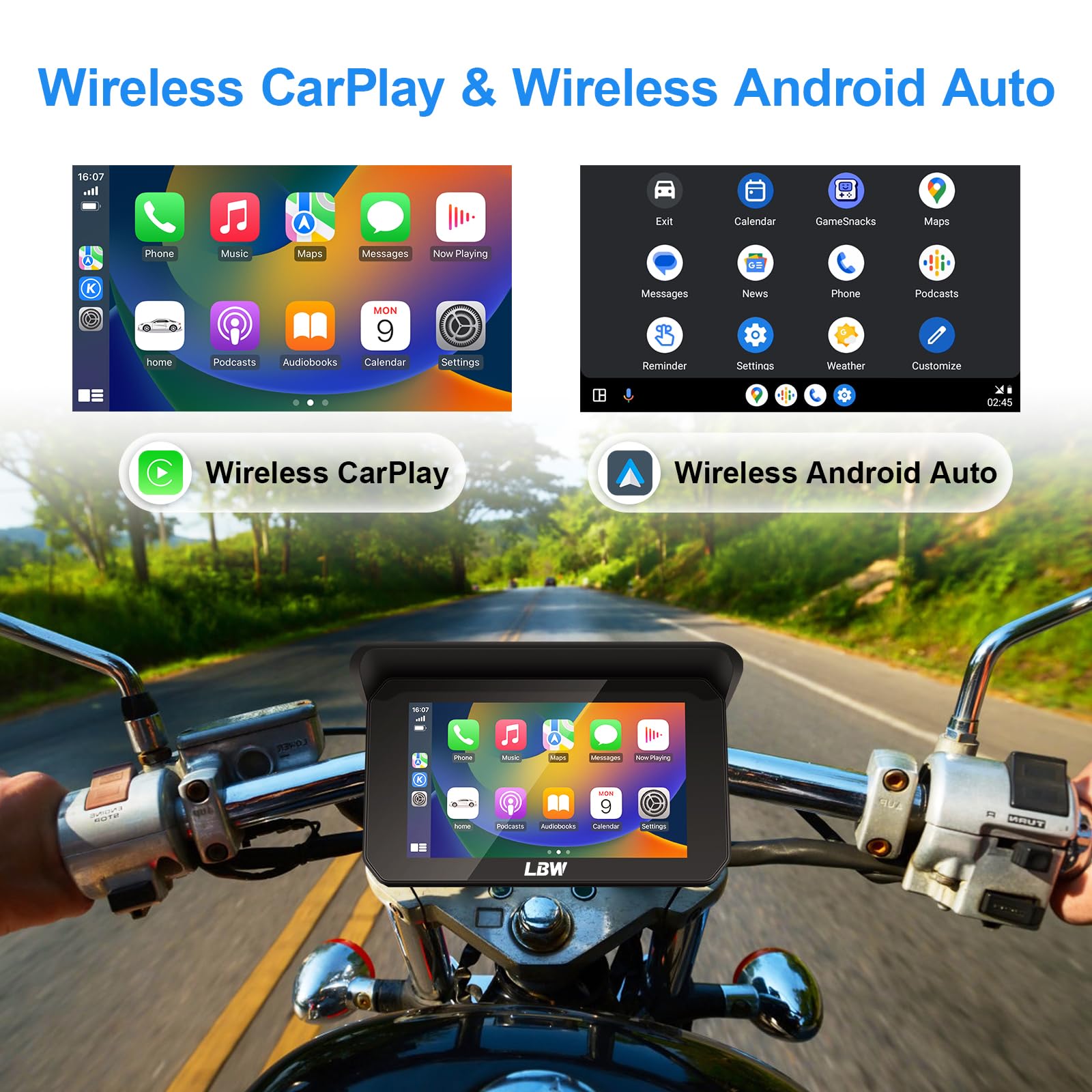 Upgraded 5 Inch IPS Touch Screen Portable Wireless Apple CarPlay & Android Auto GPS Navigation for Motorcycle - Bluetooth, Waterproof Stereo, Supports Siri & Google Assistant - Perfect for Commuting, Road Trips and Adventure Riding