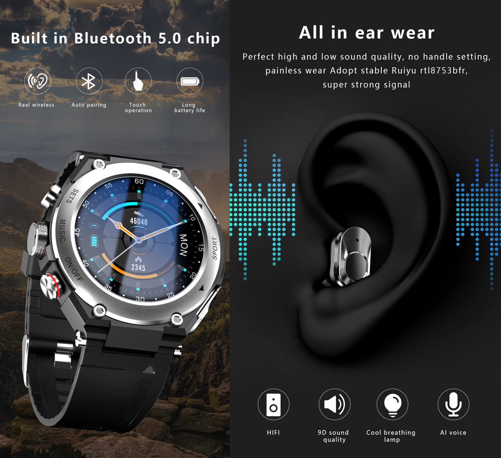 T92 Smart Watch with Bluetooth Earbuds - 1.28