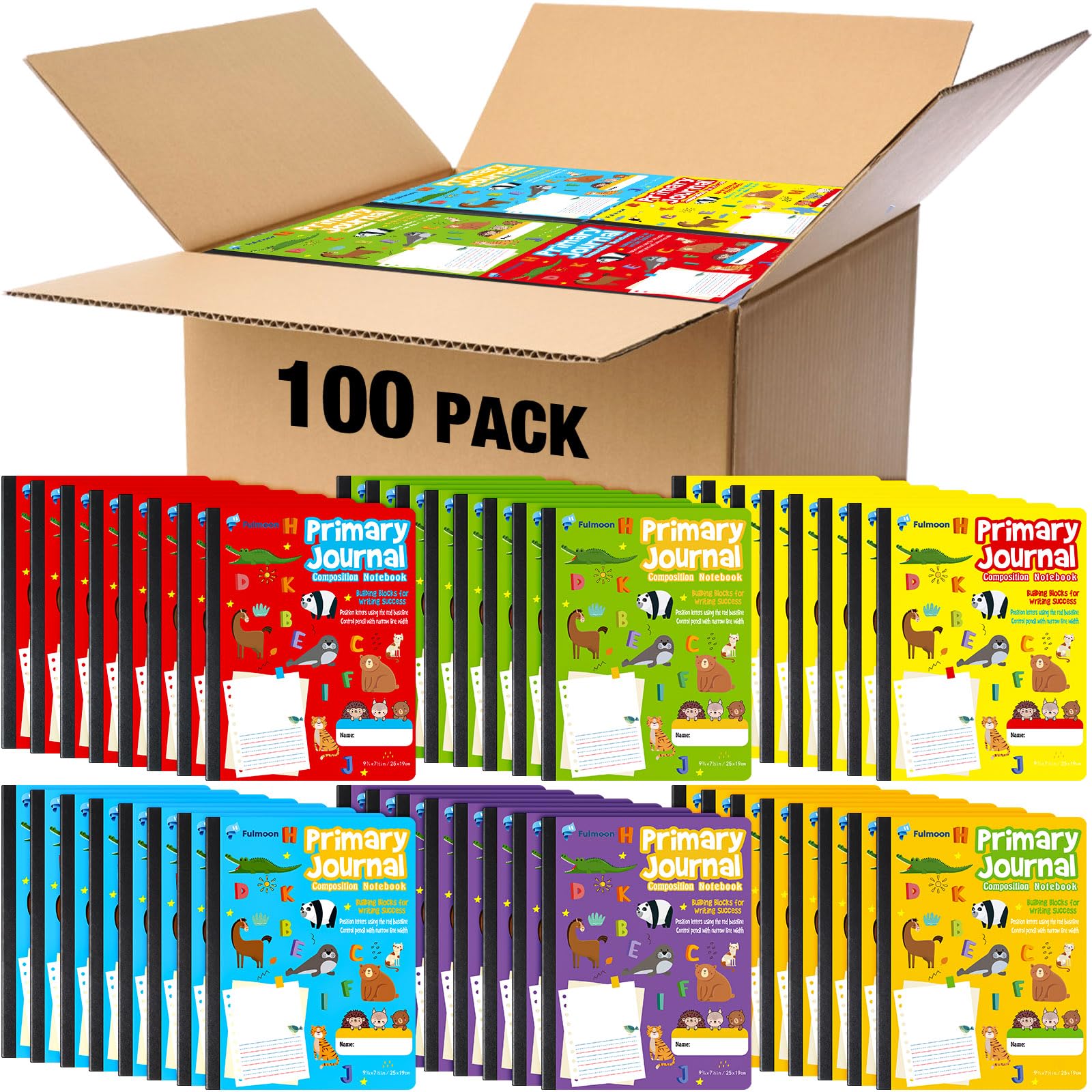 Fulmoon 100 Pcs Primary Composition Notebook K-2 with Picture Space - Draw and Write Journal for Kids, Preschool Classroom Supplies, 80 Sheets Multicolor - Perfect for Kindergarten Writing Practice, Homeschooling & Creative Storytelling