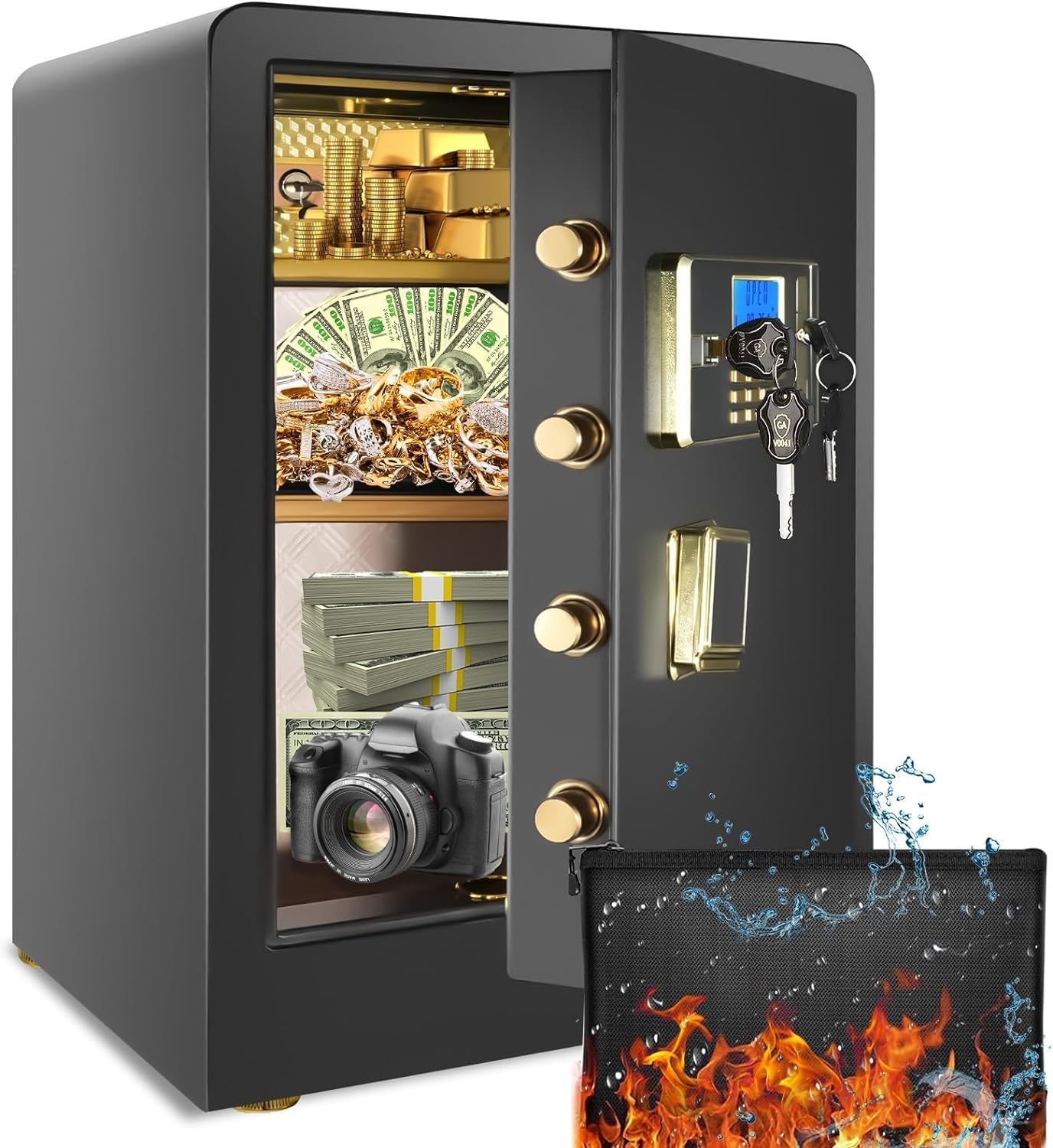 Diosmio 4.2Ct Large Fireproof Waterproof Home Safe Box - Digital Keypad & Dual Keys Security Safe with Fireproof Bag for Cash, Pistols, Documents - Ideal for Home, Office & Travel Use (Black)