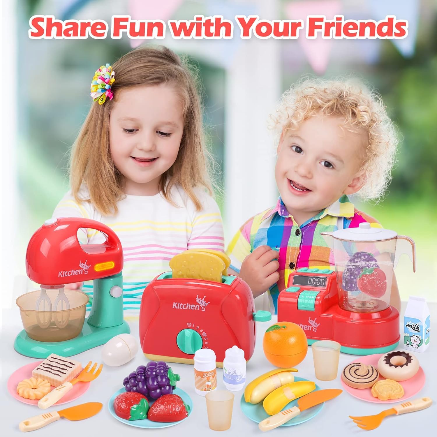 CUTE STONE Interactive Kitchen Utensils Toy Set with Sound & Light, Kids Play Kitchen Mixer, Toaster, Cutting Games, Toddler Pretend Cooking Set for Home & Preschool Learning