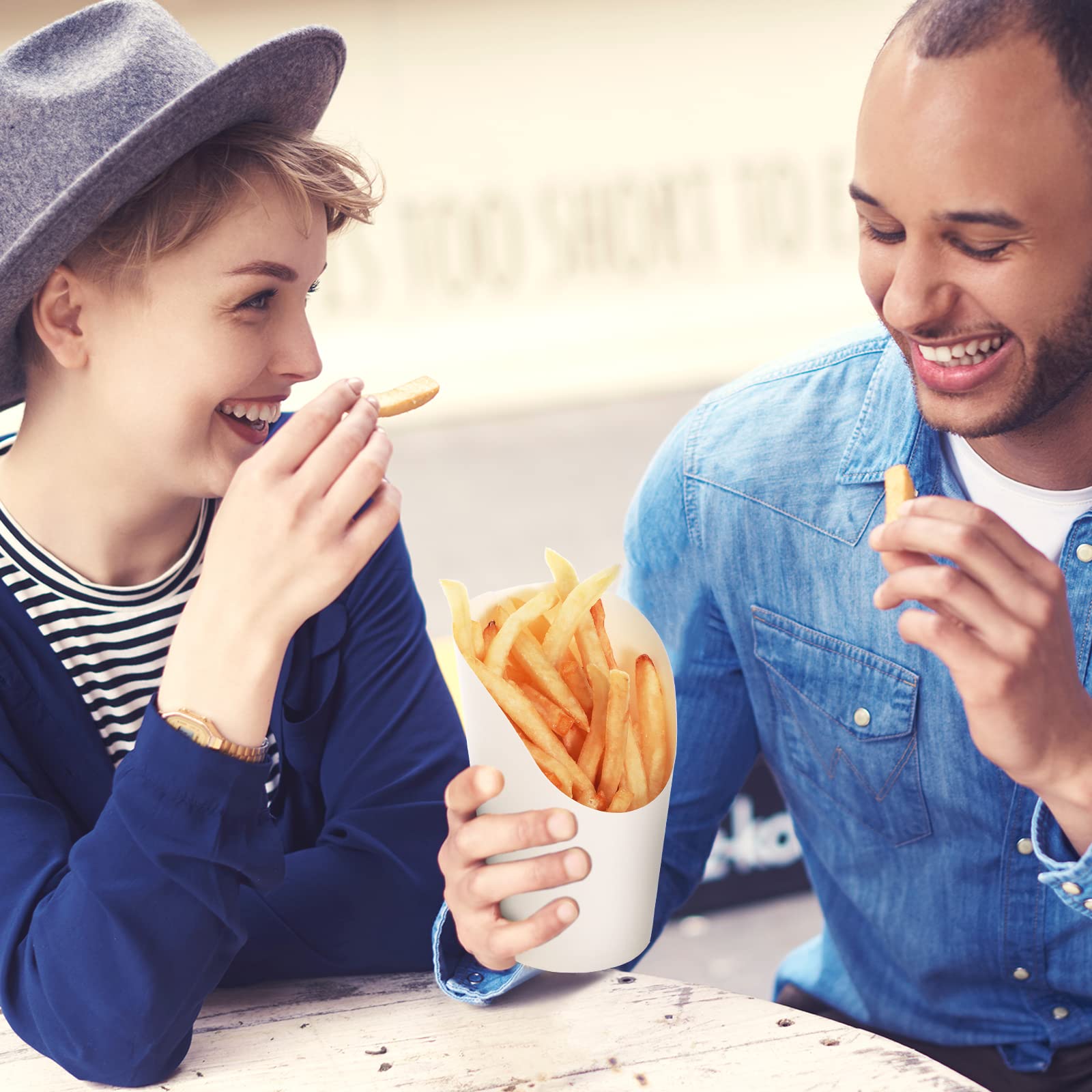 Disposable French Fries Holder 14 oz - 100 Pack White Kraft Paper Cones for Takeout, Parties, Weddings - Perfect for Ice Cream, Popcorn, Waffles & Finger Foods - Eco-Friendly Baking & Catering Supplies