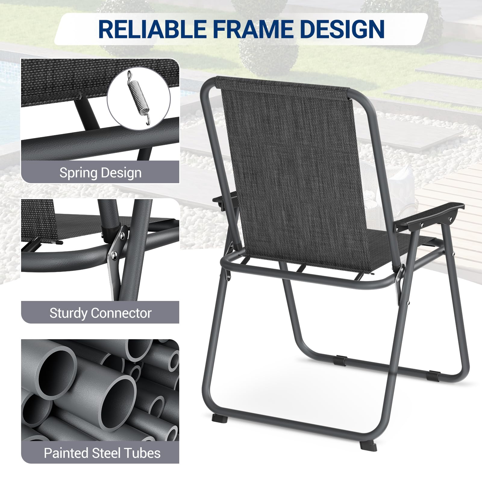 4-Pack Folding Patio Chairs Set - Lightweight Steel Frame Outdoor Dining Chairs with Weather-Resistant Textilene Fabric - Compact Foldable Design (5.7lbs Each, 220lbs Capacity) - Black - Perfect for Backyard, Poolside, Garden & Outdoor Entertaining