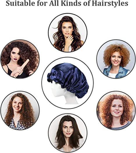Adjustable Satin Silk Sleep Cap for Curly Hair - Reversible Double Layer Night Sleeping Hair Bonnet (Navy Blue) | Perfect for Protecting Hair While Sleeping & Traveling