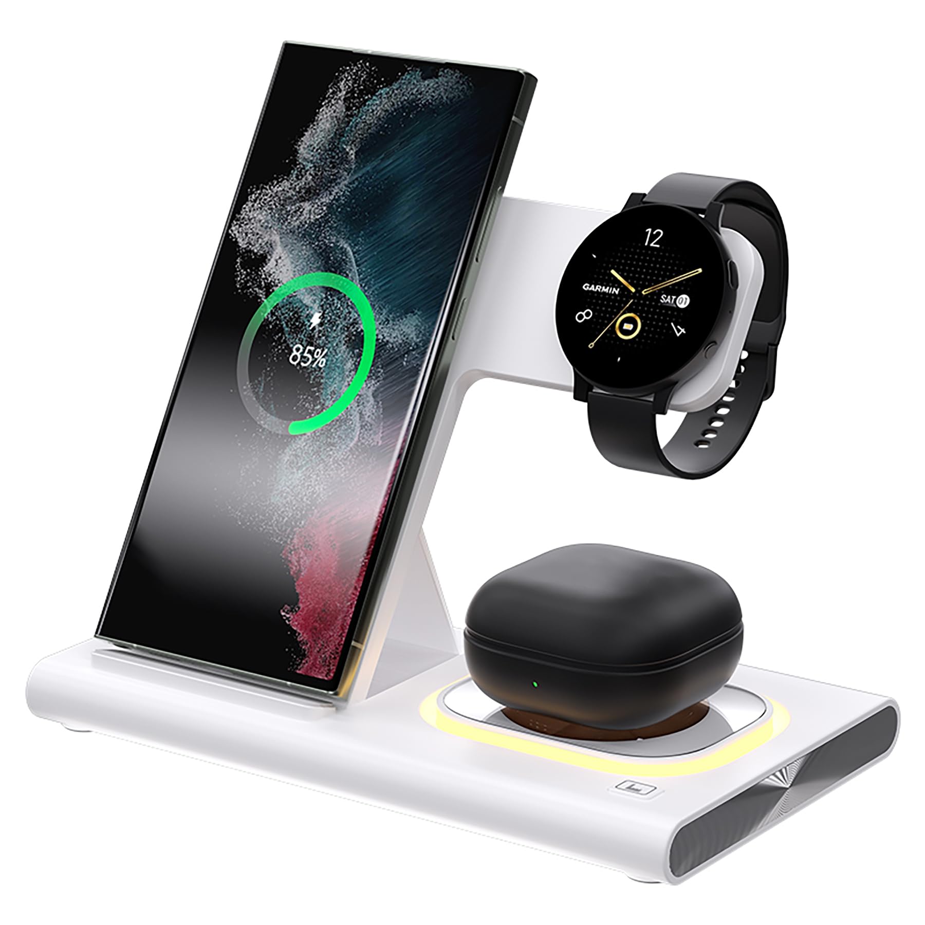 4-in-1 Fast Wireless Charger Stand for Samsung S24/S23/S22/Z Fold5/Z Flip5 - Multi-Device Charging Station with LED Light for Phone, Watch & Earbuds (White) | Perfect for Home, Office & Nightstand Charging