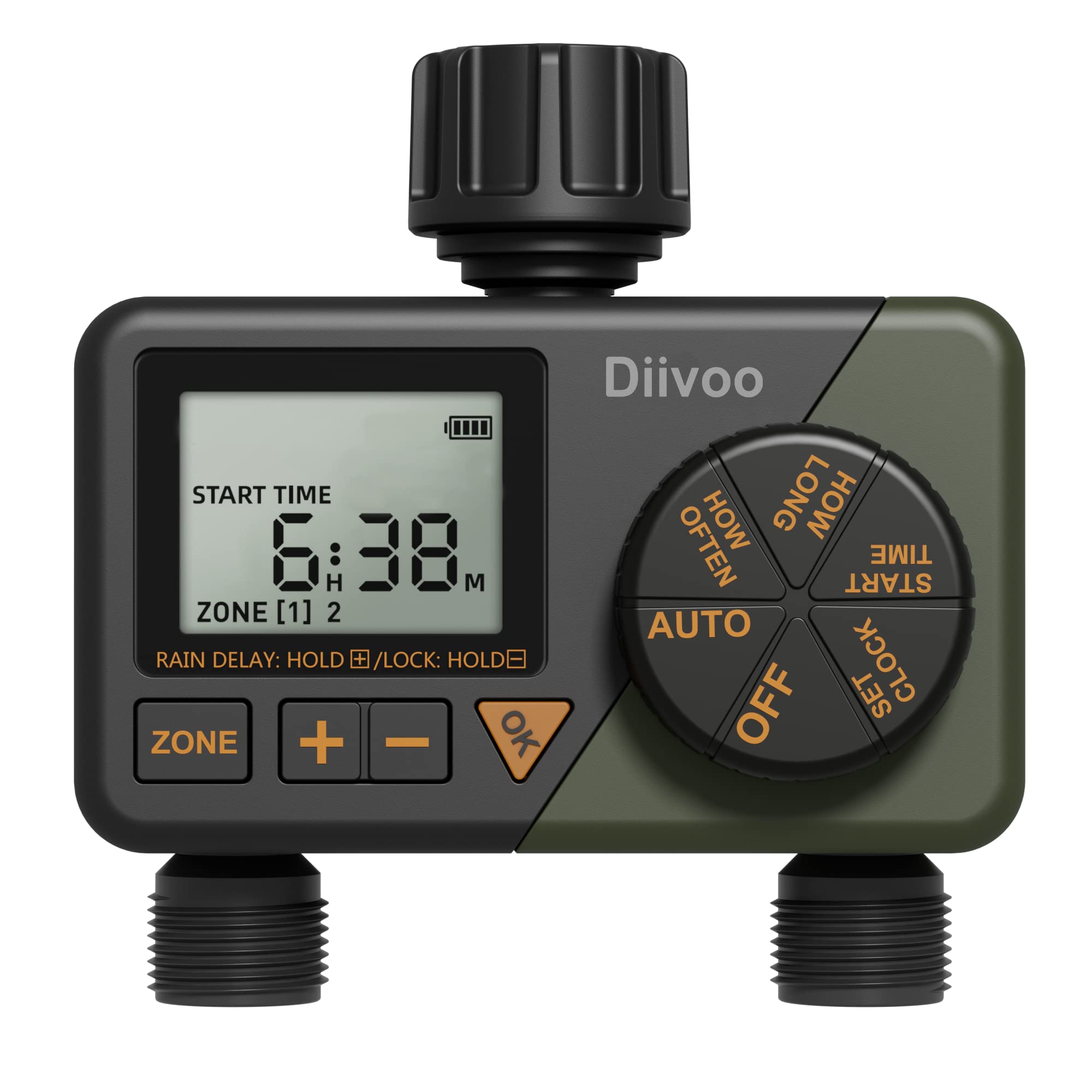 Diivoo 2 Zone Programmable Sprinkler Timer - Automatic Water Hose Timer with Rain Delay, Manual & Auto Modes - IP54 Outdoor Irrigation Controller for Garden, Lawn, Yard & Pool - Perfect for Efficient Watering & Smart Landscape Maintenance