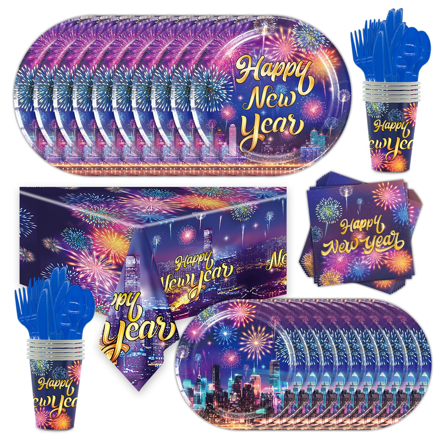 HOWAF 109-Piece Colorful Firework New Year Party Tableware Set for 20 Guests - Gold Glitter Plates, Napkins, Cups, Cutlery & Tablecloth - Perfect for 2025 New Year's Eve Dinner, Birthday Parties & Celebrations