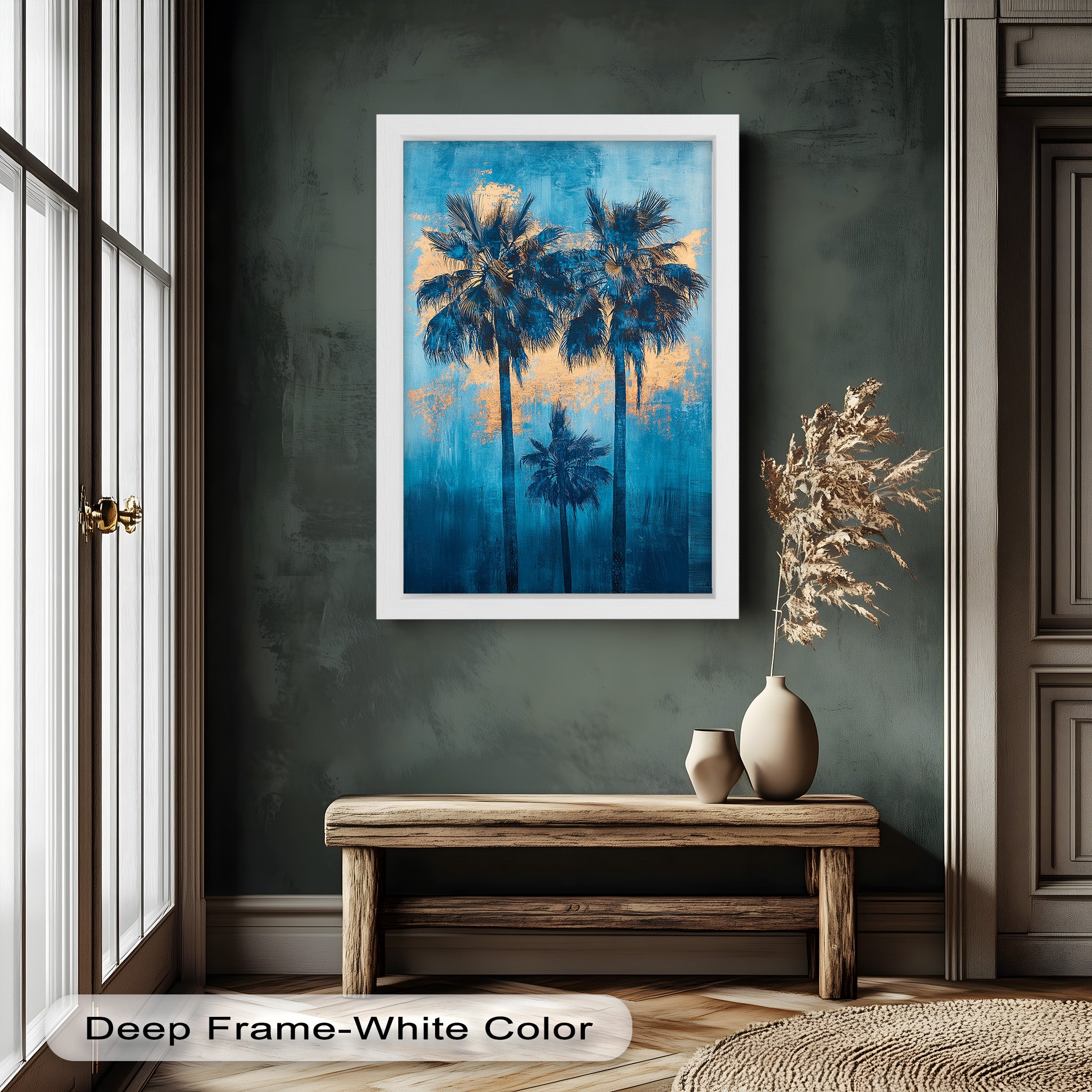 Blue Sunset Palms Tropical Oil Painting - Handmade Beach Wall Art for Living Room, Bedroom & Office Decor