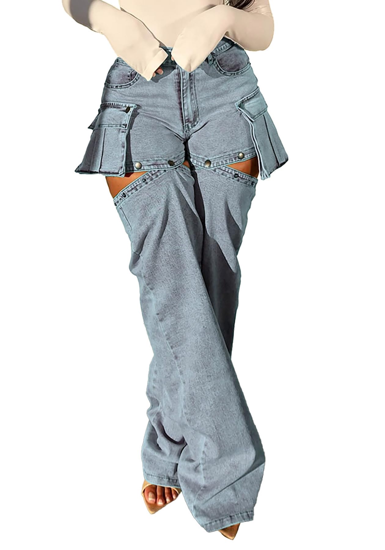 Women's Y2K High Waisted Cargo Jeans - Baggy Cutout Detachable Jean Shorts for Summer | Streetwear Fashion | Perfect for Casual Outings, Music Festivals & Urban Style