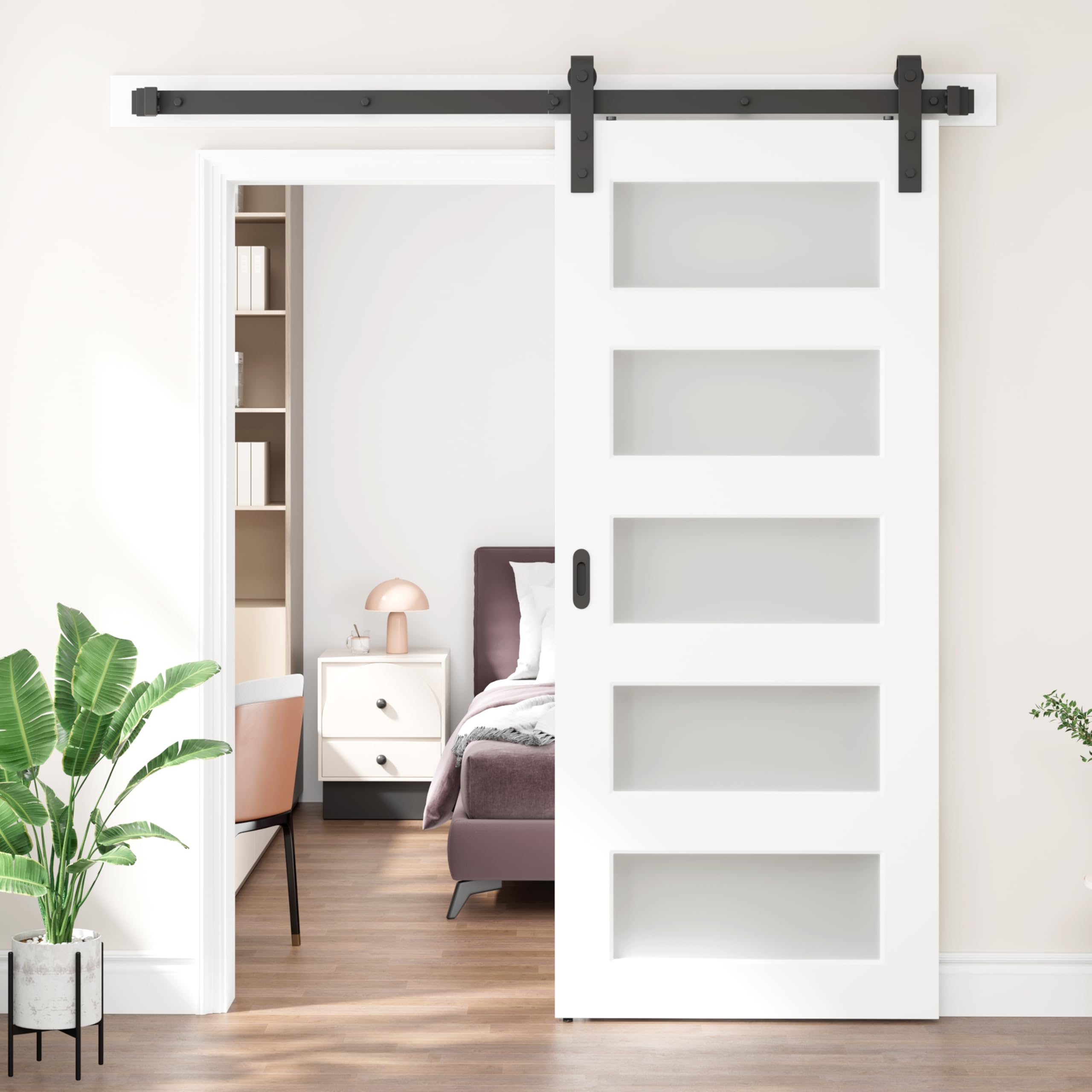 DELAVIN 36 x 84 Inch Frosted Glass Sliding Barn Door with 6.6FT Hardware Kit - 5 Panel Waterproof PVC Coating, Double-Sided Interior Handles - Perfect for Bedroom, Bathroom & Closet Privacy (White)