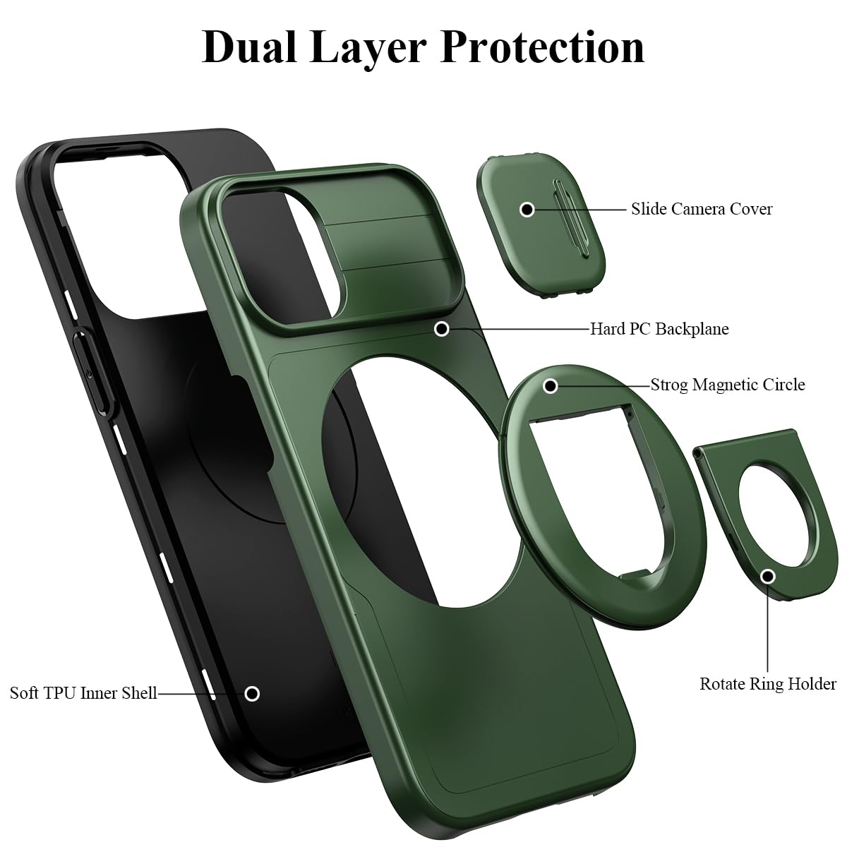 LakiBeibi iPhone 15 Case with Slide Camera Cover - Shockproof Heavy Duty Protective Case with Magnetic Rotating Ring Holder - Compatible with iPhone 15 (Green) - Perfect for Outdoor Activities, Travel, and Daily Protection