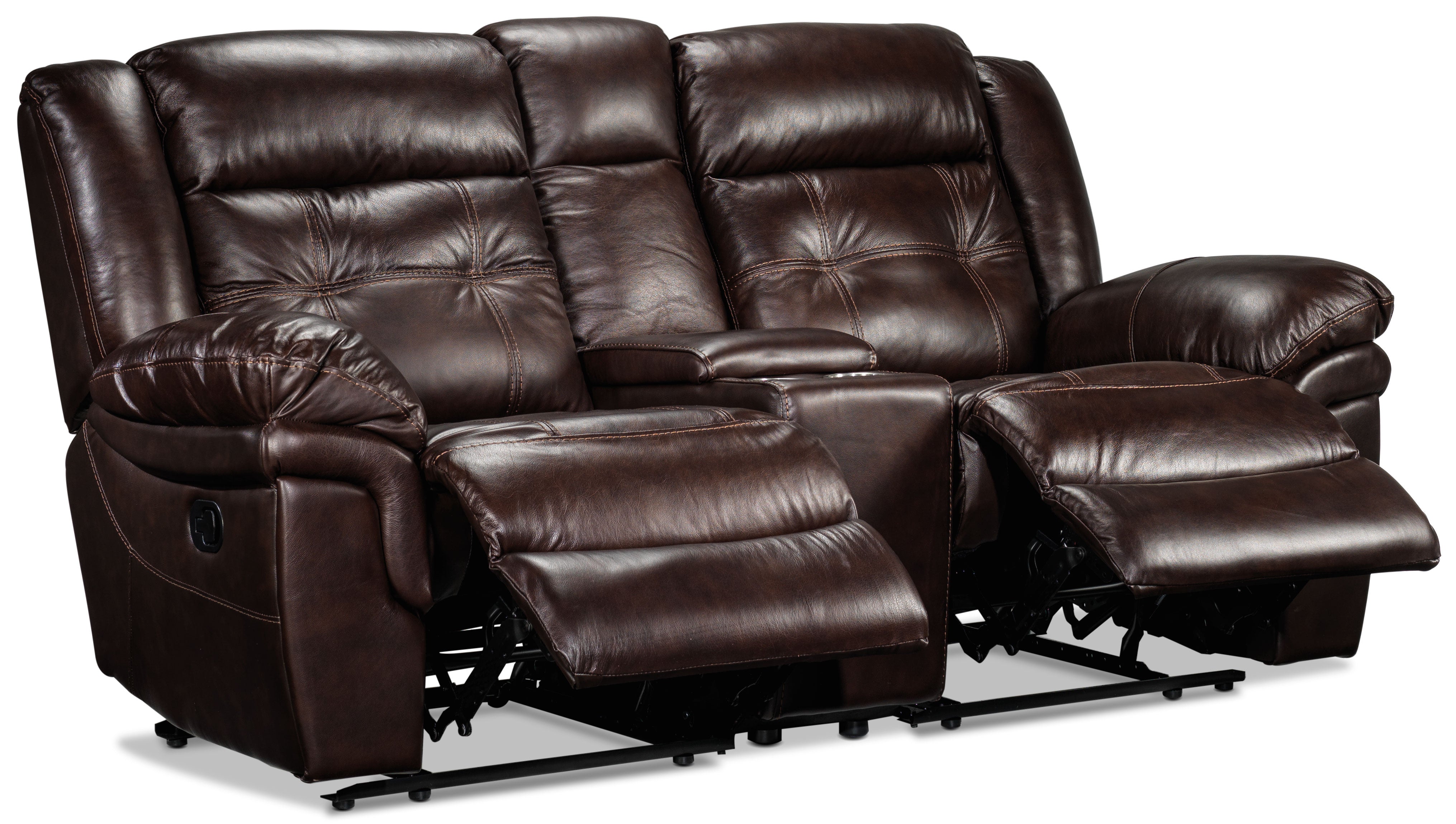 Premium Cooper Leather Reclining Loveseat with Console - Soft Brown Genuine Leather - Modern Living Room Furniture for Small Spaces - Perfect for Couples Movie Nights & Cozy Reading Nook