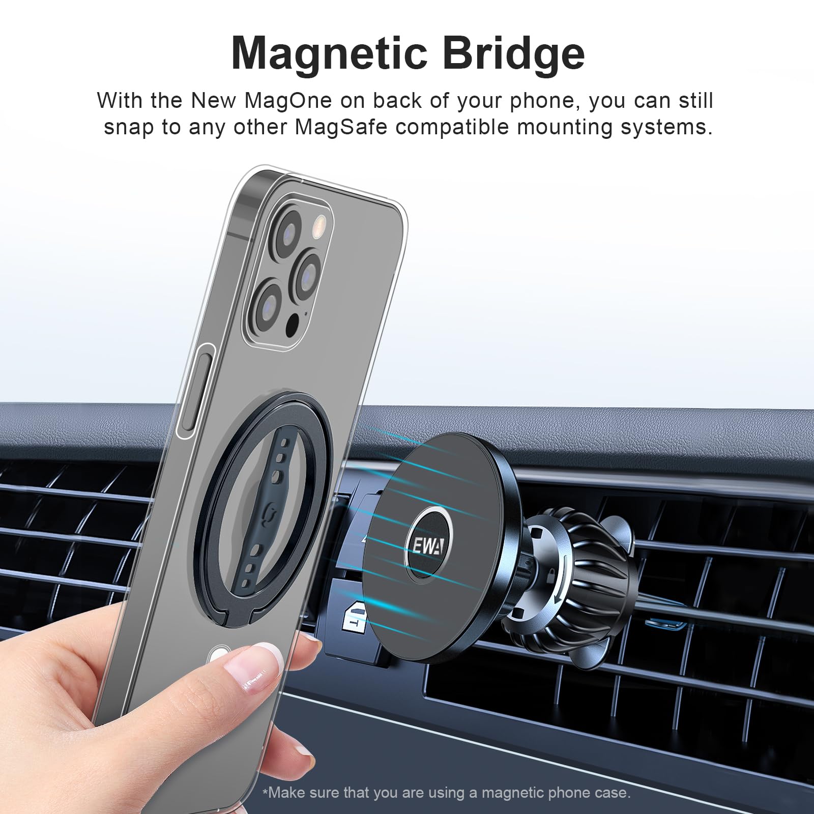 EWA MagOne 2023 Aluminum Edition - Magsafe Compatible Phone Grip Stand with Silicone Finger Strap, Removable Magnetic Ring Holder & Kickstand Loop for iPhone 16, 15, 14, 13, 12 Pro/Max - Perfect for Travel, Work & Everyday Use
