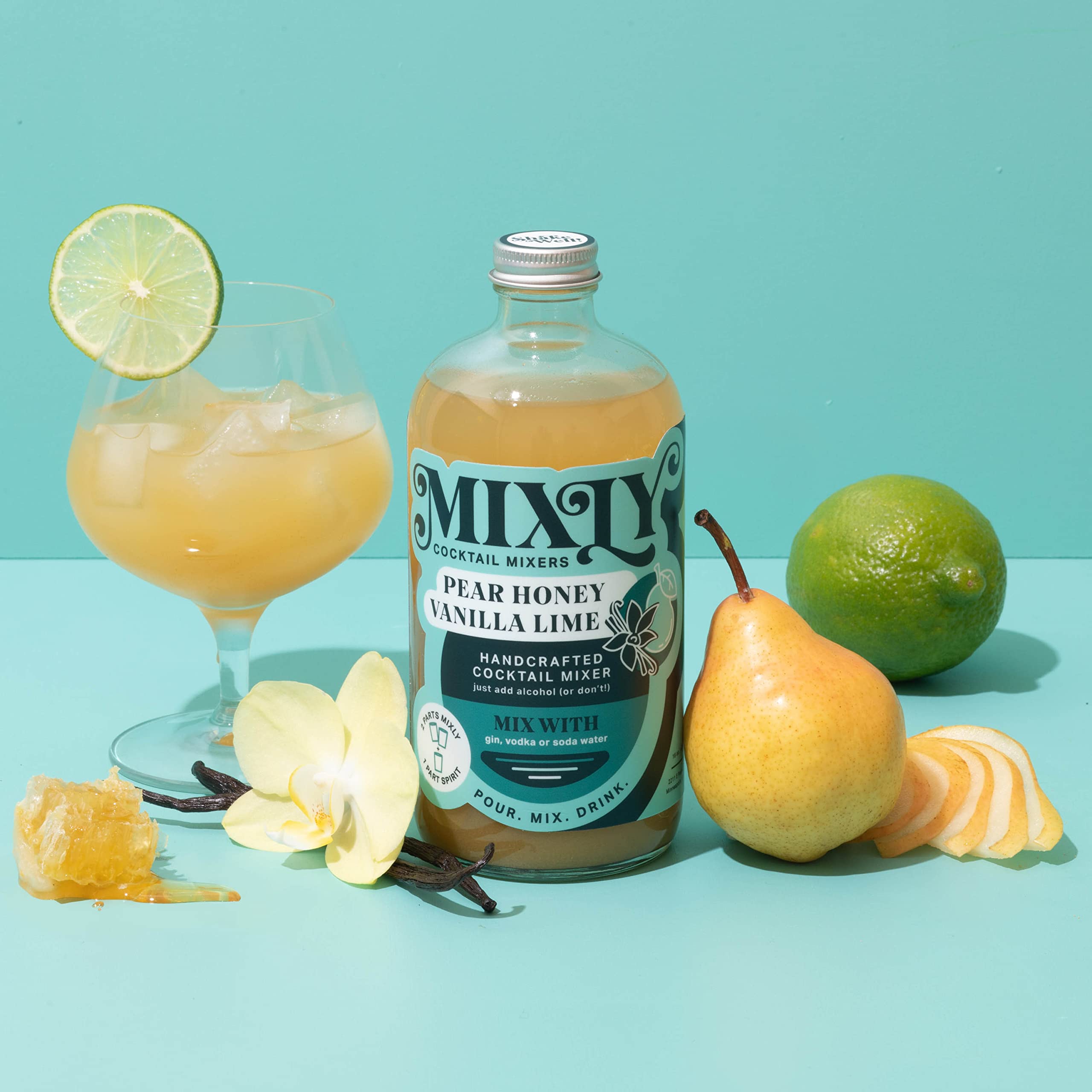 Mixly Pear Honey Vanilla Lime Cocktail Mixer - Fresh Squeezed Juice, Ready to Drink (16 oz) - Perfect for Vodka, Gin & Soda Water - Great for Parties, Bars & Home Mixology