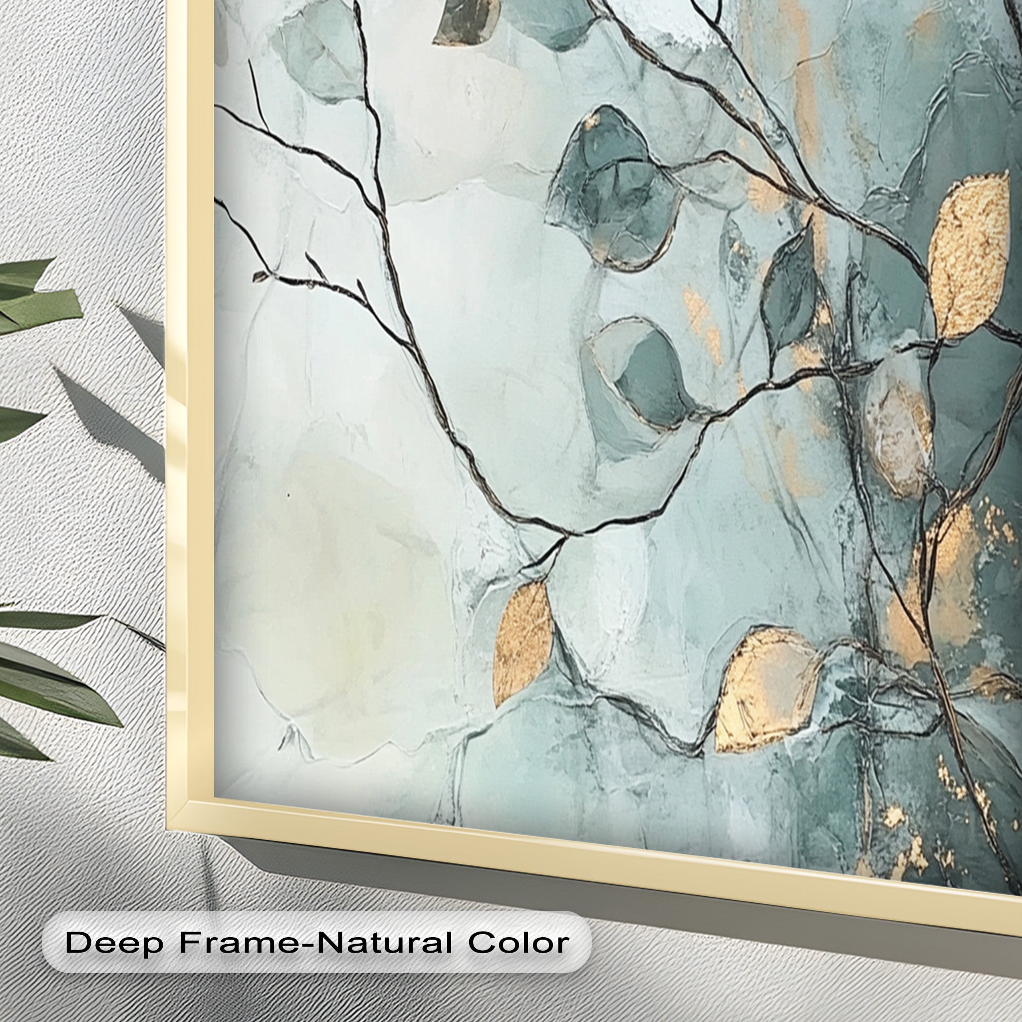 Blue and Metallic Leaf Branch Abstract Oil Painting - Handmade Canvas Wall Art for Living Room, Bedroom & Office Decor