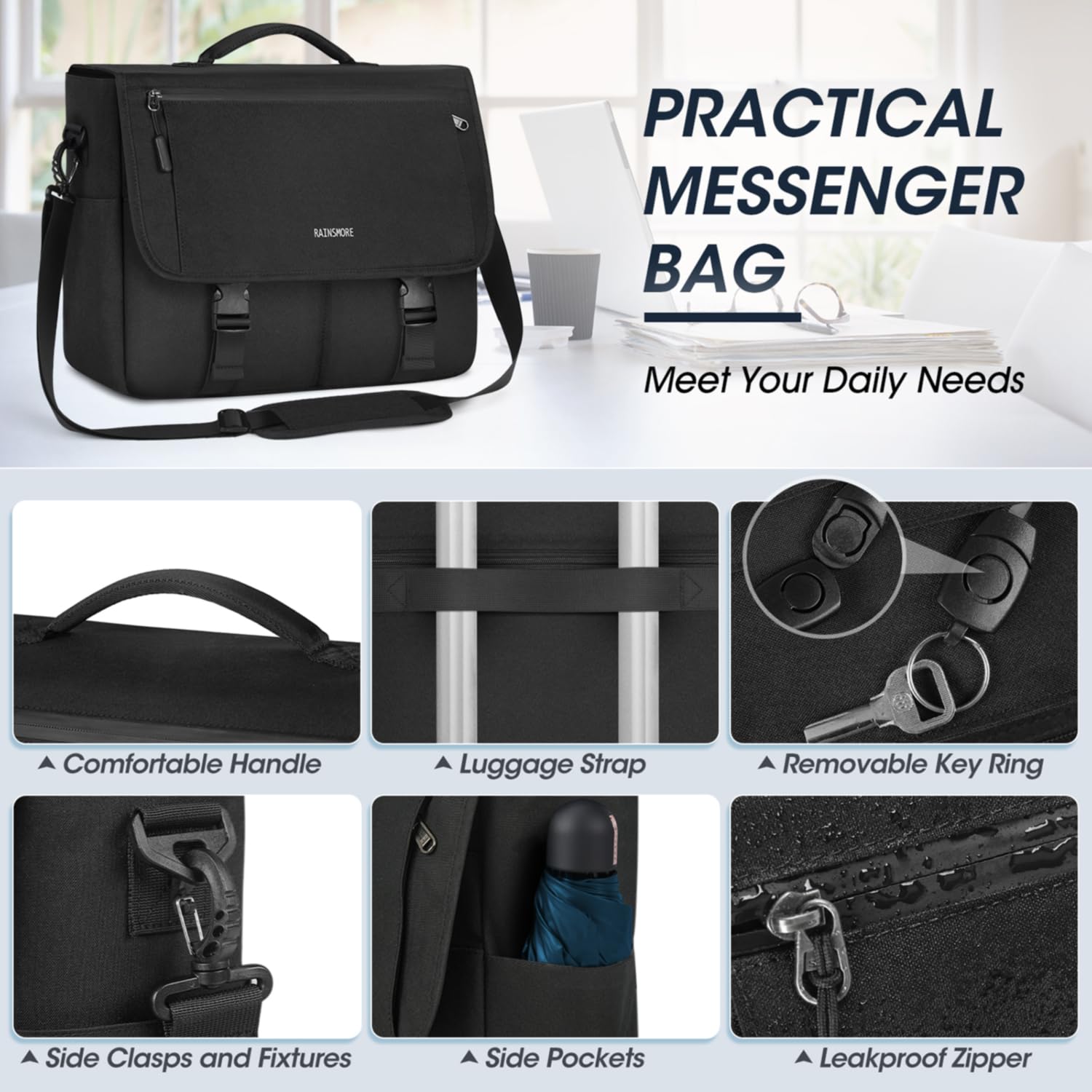 RAINSMORE Water Resistant Messenger Bag for Men - 15.6 Inch Laptop Bag, Durable College & Office Satchel, Casual Crossbody Shoulder Bag for Work, Travel & Daily Commute - Black