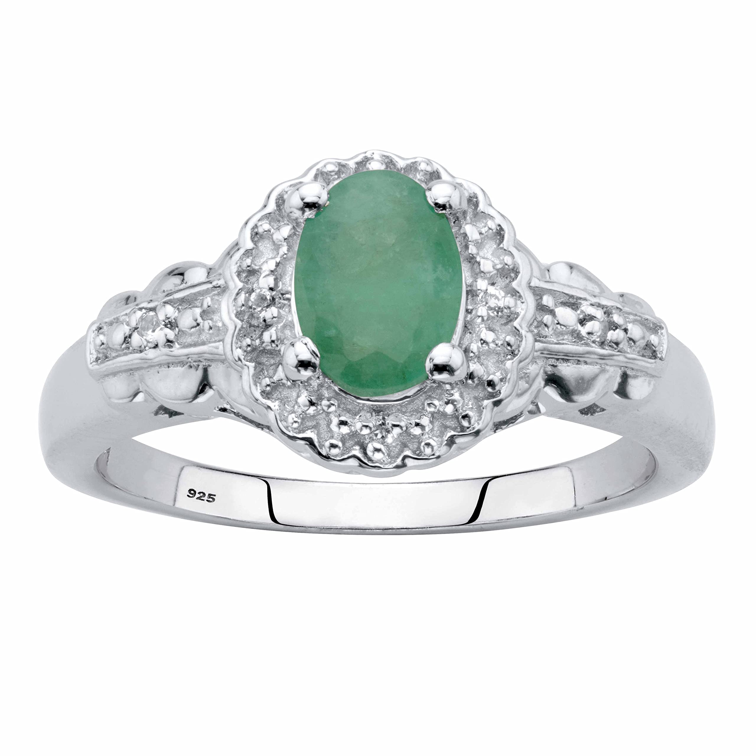 Sterling Silver Oval Cut Genuine Green Emerald & Round Topaz Halo Ring for Women | Elegant Birthstone Jewelry Gift for Anniversary, Engagement & Special Occasions