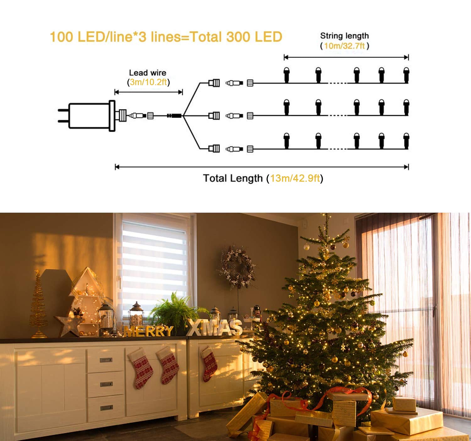 JMEXSUSS 300 LED Warm White Christmas Lights Outdoor Waterproof - 8 Modes Green Wire Holiday String Lights for Christmas Tree, Indoor Xmas Decor, Wedding, Party & Garden (Perfect for Patio, Fireplace & Window Decoration)